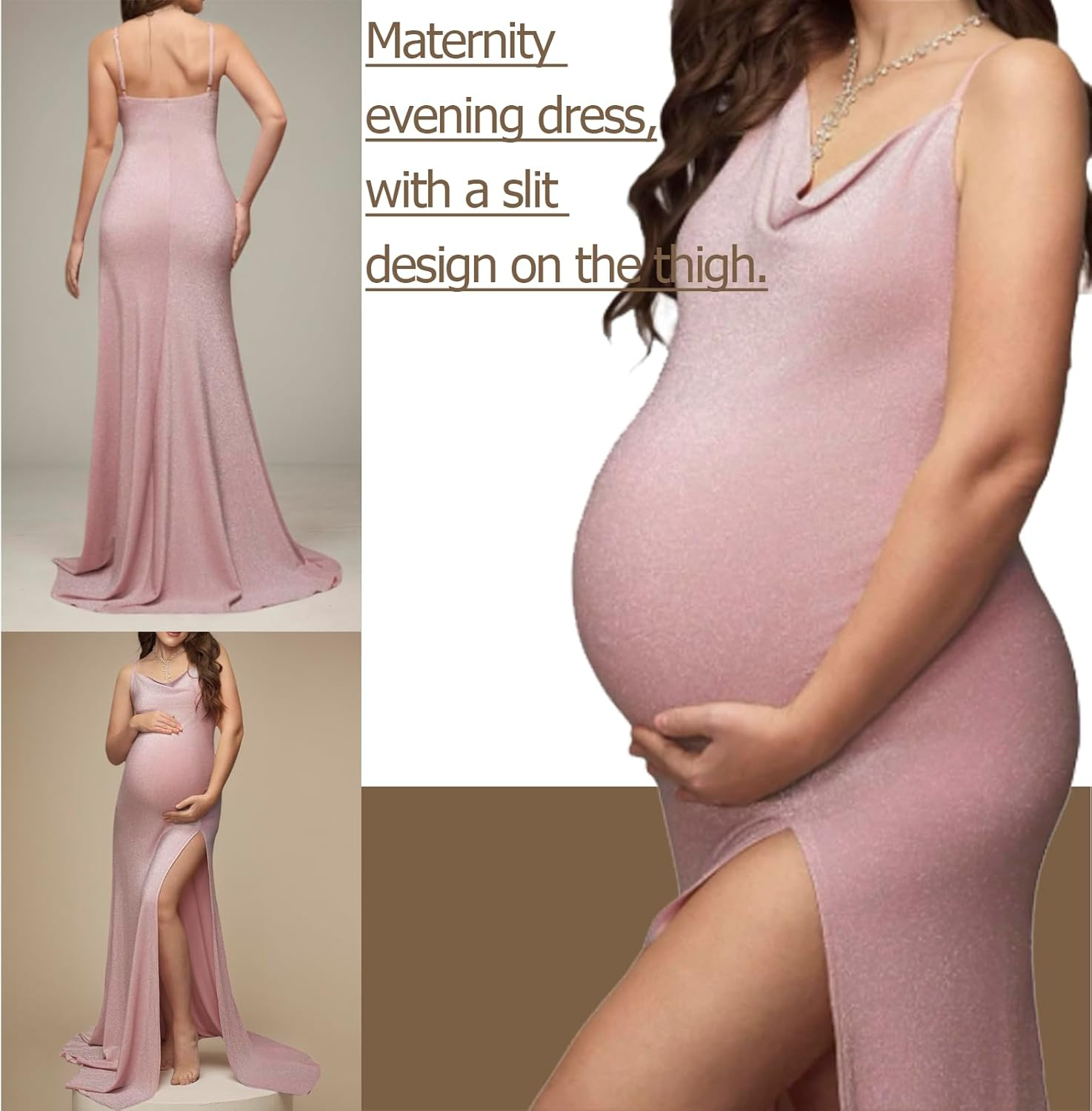 Pink Maternity Off-Shoulder Evening Gown with Thigh Slit - Floor-Length Curve-Hugging Maxi Dress