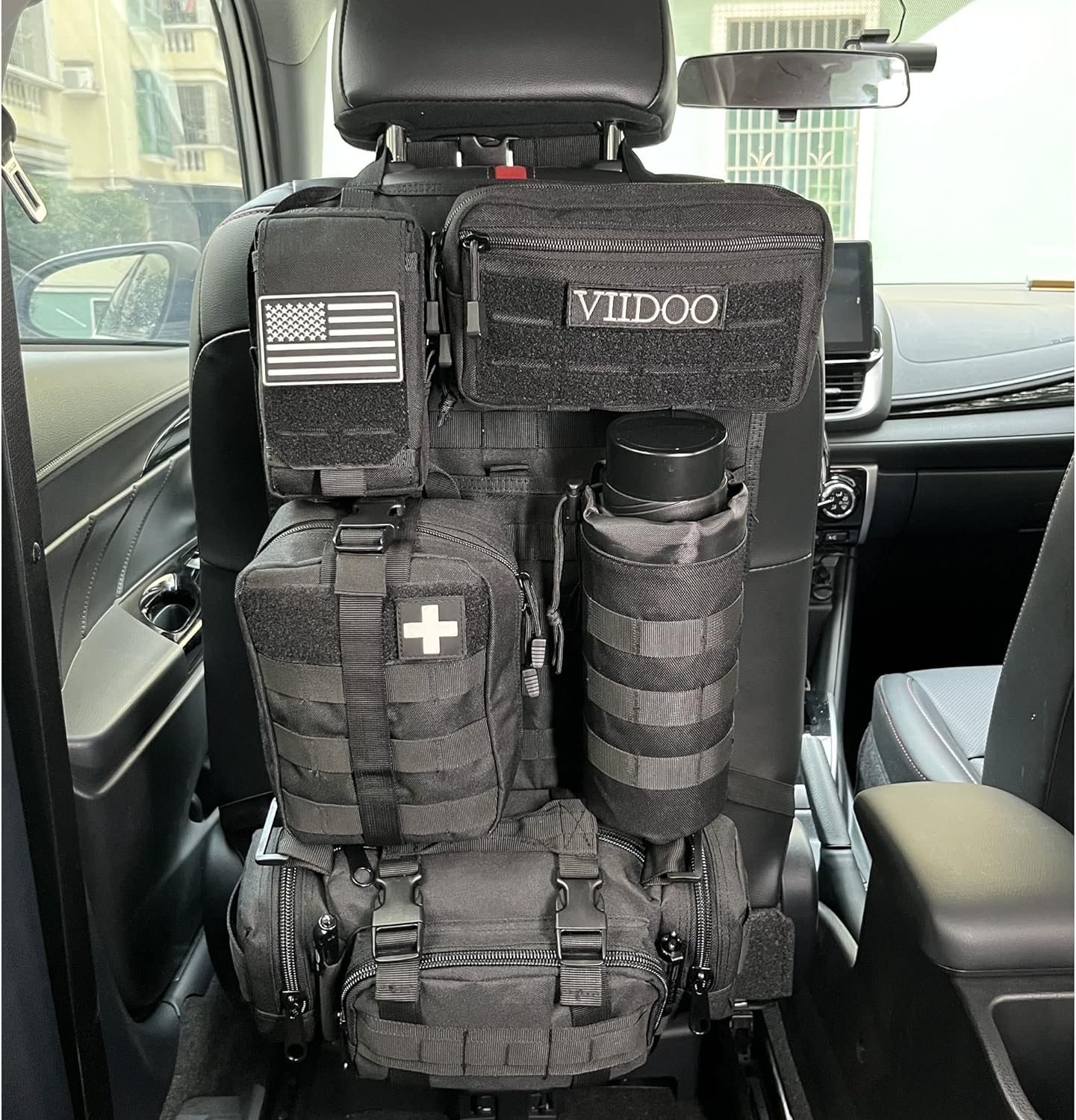 Molle Seat Back Organizer,Universal Tactical Car Back Seat Organizer Bag Vehicle Organizers Panel Protector Organizers with 5 Detachable Pouches for Car Truck Jeep Vehicle (Black) image number 5