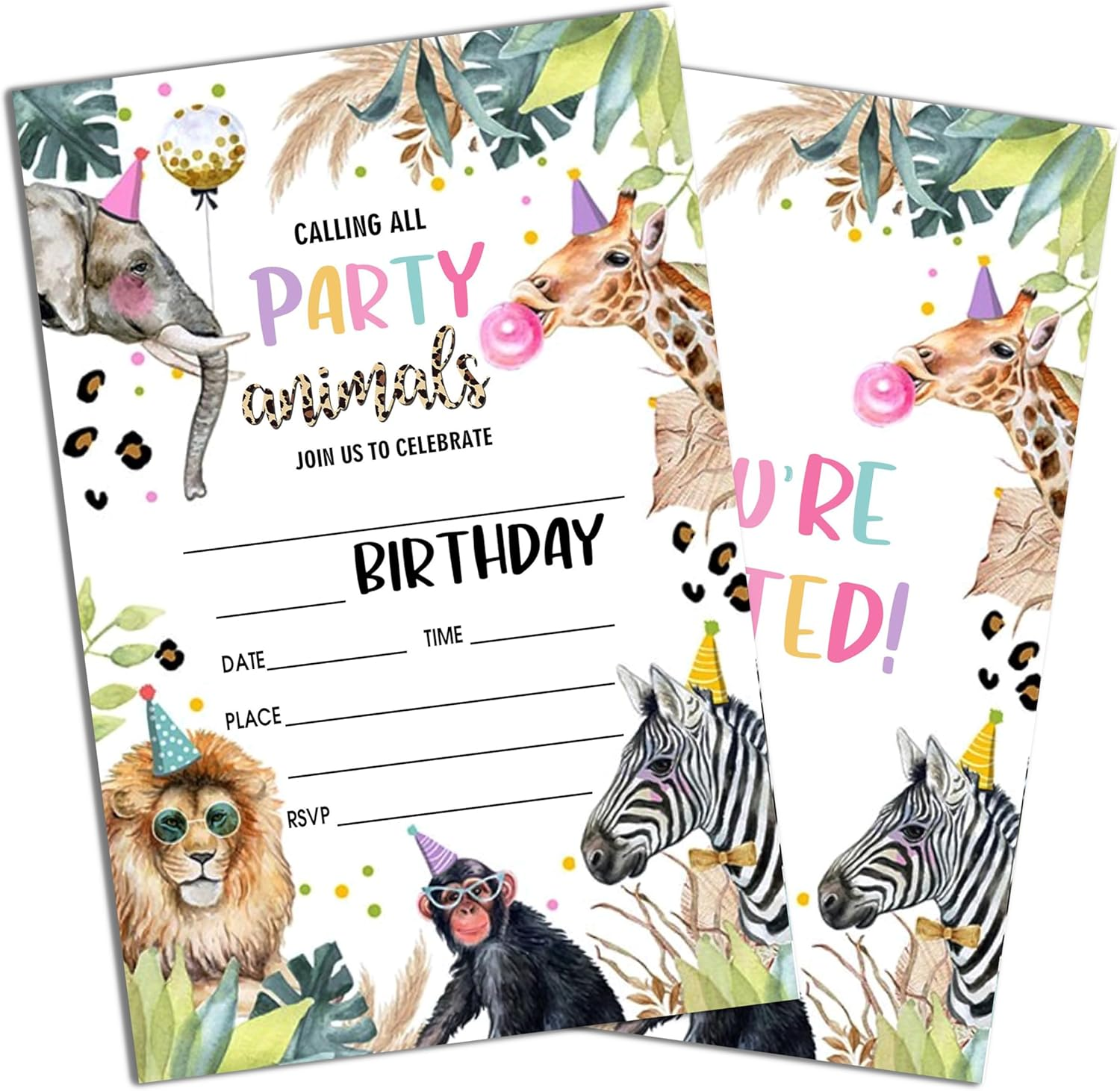 Calling All Party Animals Safari Style Fill-In Birthday Invites(4"X6"), Jungle Animals Birthday Invitations with Envelopes(20-Pack), Birthday Party Supplies for Boys & Girls, Teen, Kids-A01