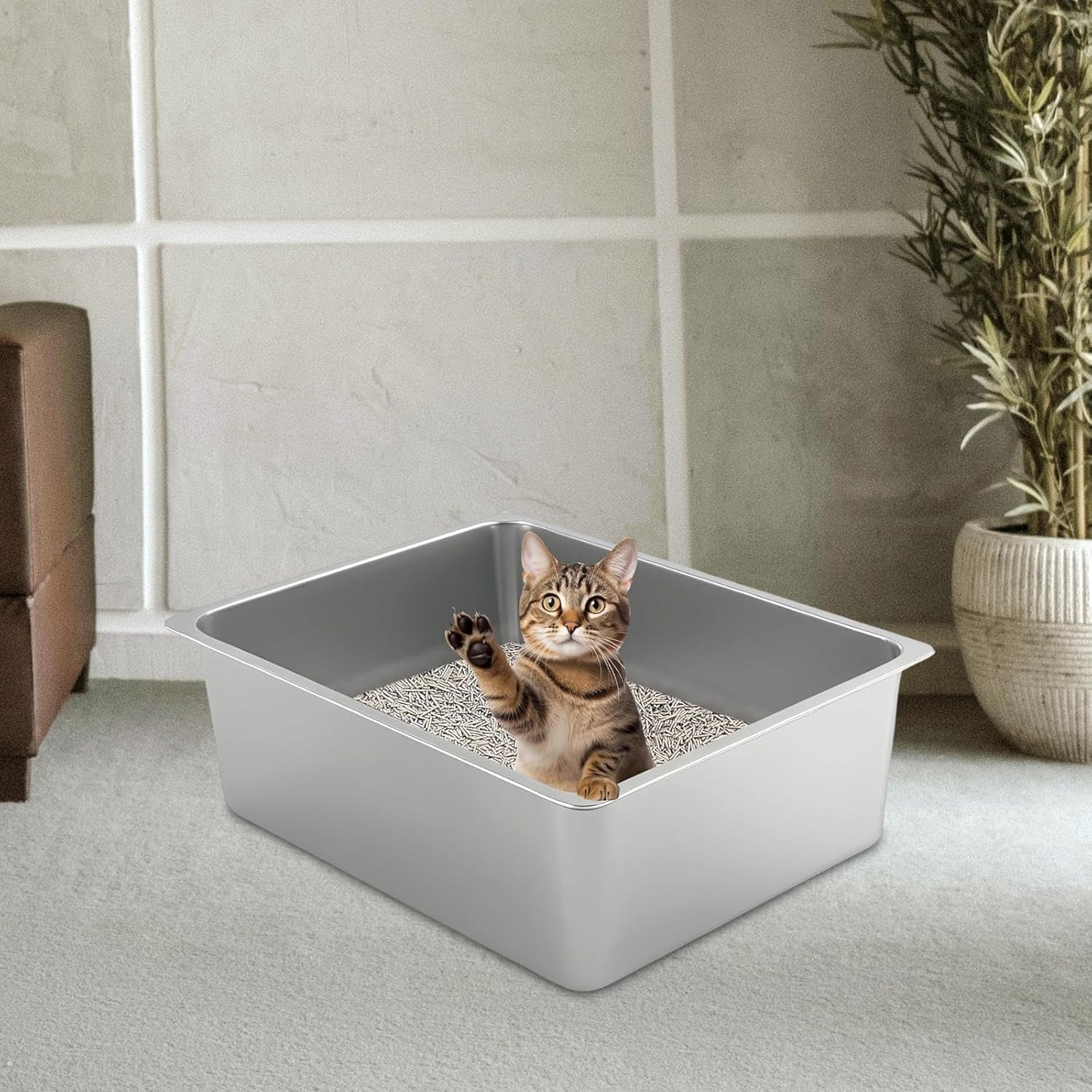 ＡＷＨＡＯ Stainless Steel Litter Box, Sandbox, Anti- Kitten Toilet, High Sided Metal Litter Box, Litter Box, 36Cmx27Cmx15Cm image number 1