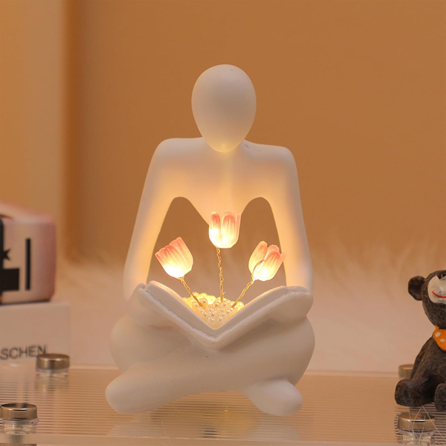 Bookcase Decoration, Book Lamp Tulips with LED, Tulip Night Light, Abstract Thinker, Books Decoration, Bookshelf Lamps, Decoration Aesthetic Bookshelves, Flower Lamp for Book Friends, Friends