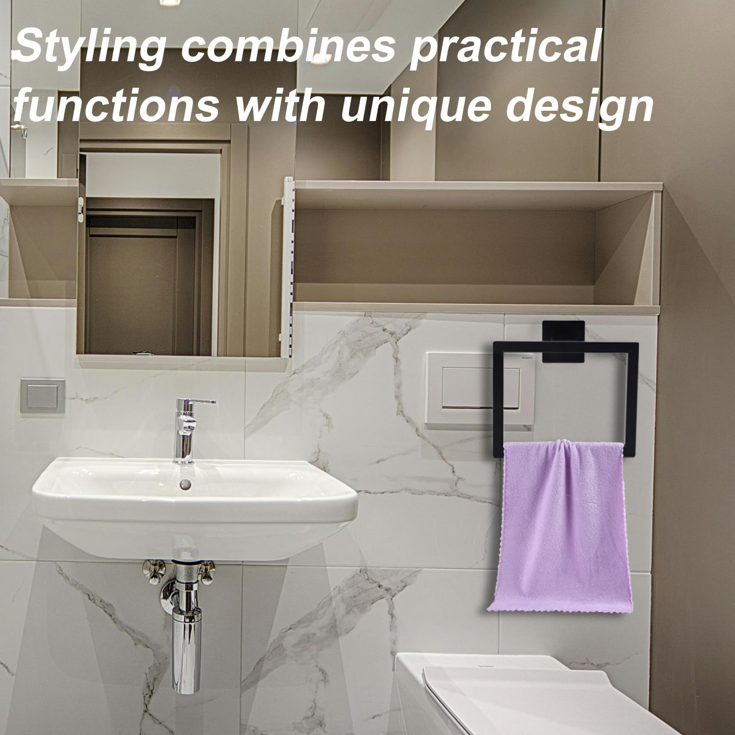 2Pcs Towel Holder for Bathroom, Matte Black Square Towel Ring Stainless Steel Wall Mounted Towel Holder Towel Rack Towel Hanger Towel Bar for Home Kitchen Bathroom Toilet image number 3