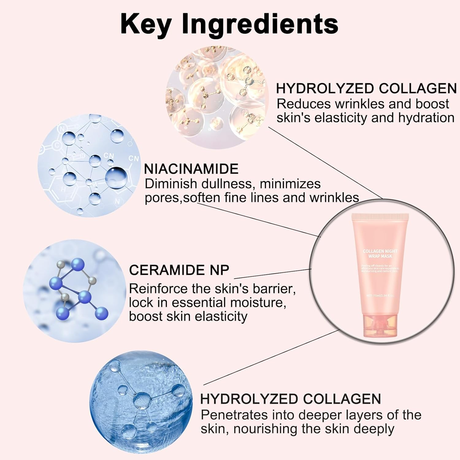 Collagen Night Wrapping Mask Peel off &ndash; Overnight Face Mask for Deep Hydration, Firming & Glowing Skin Care, Reduces Sagging Wrinkles Skincare&ndash; 2.54 Fl. Oz with Jelly Brush