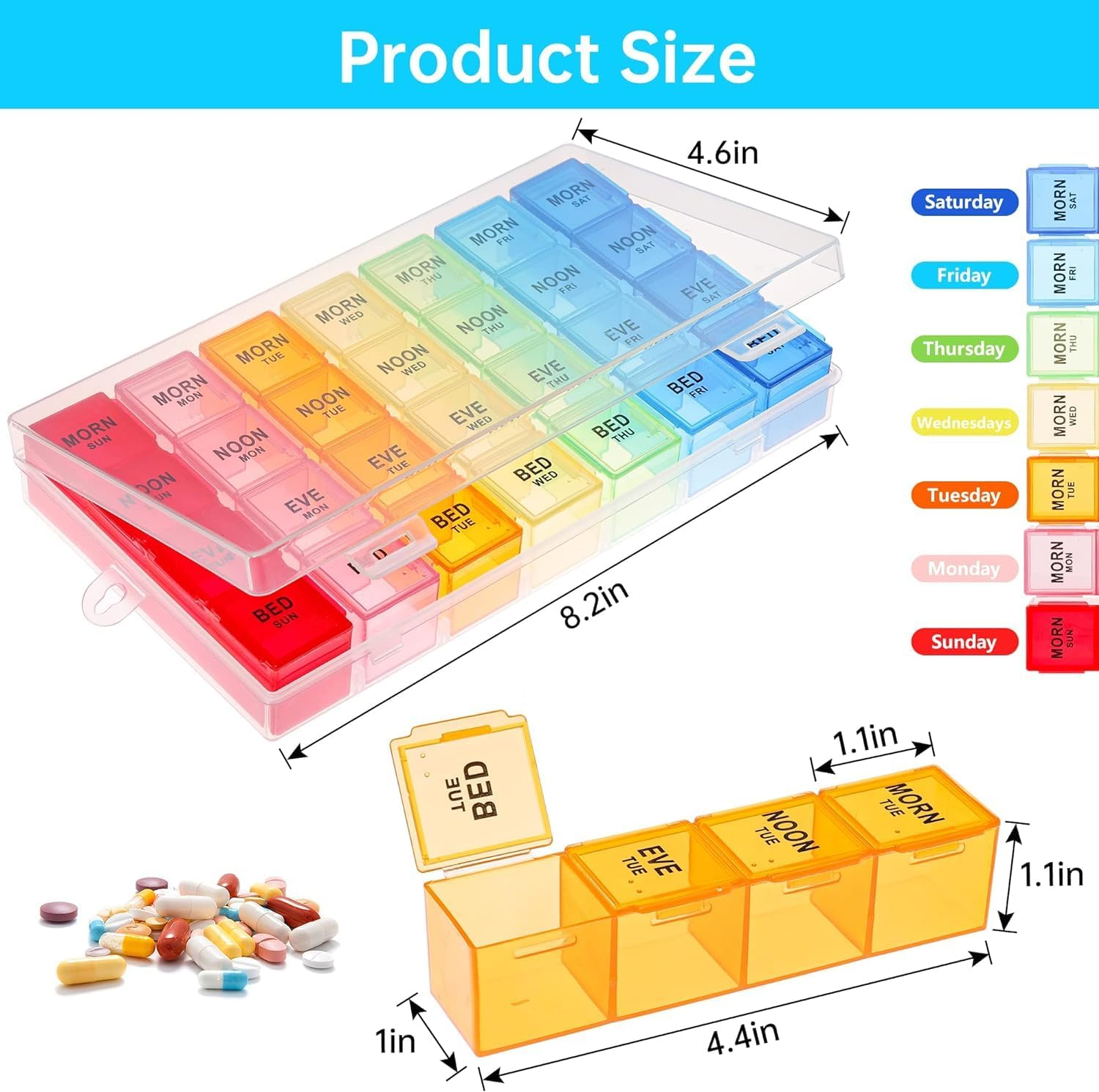 Pill Organiser with Label, Pill Box 7 Day/, Travel Pill Cases Organizers Arthritis Friendly, Weekly Pill Organiser AM/PM Pill Box Organiser, Easy Open and Removable 4 Times a Day Large Pill Holder for Vitamin/Fish Oil/Cod Liver Oil/Supplements/Medication image number 5