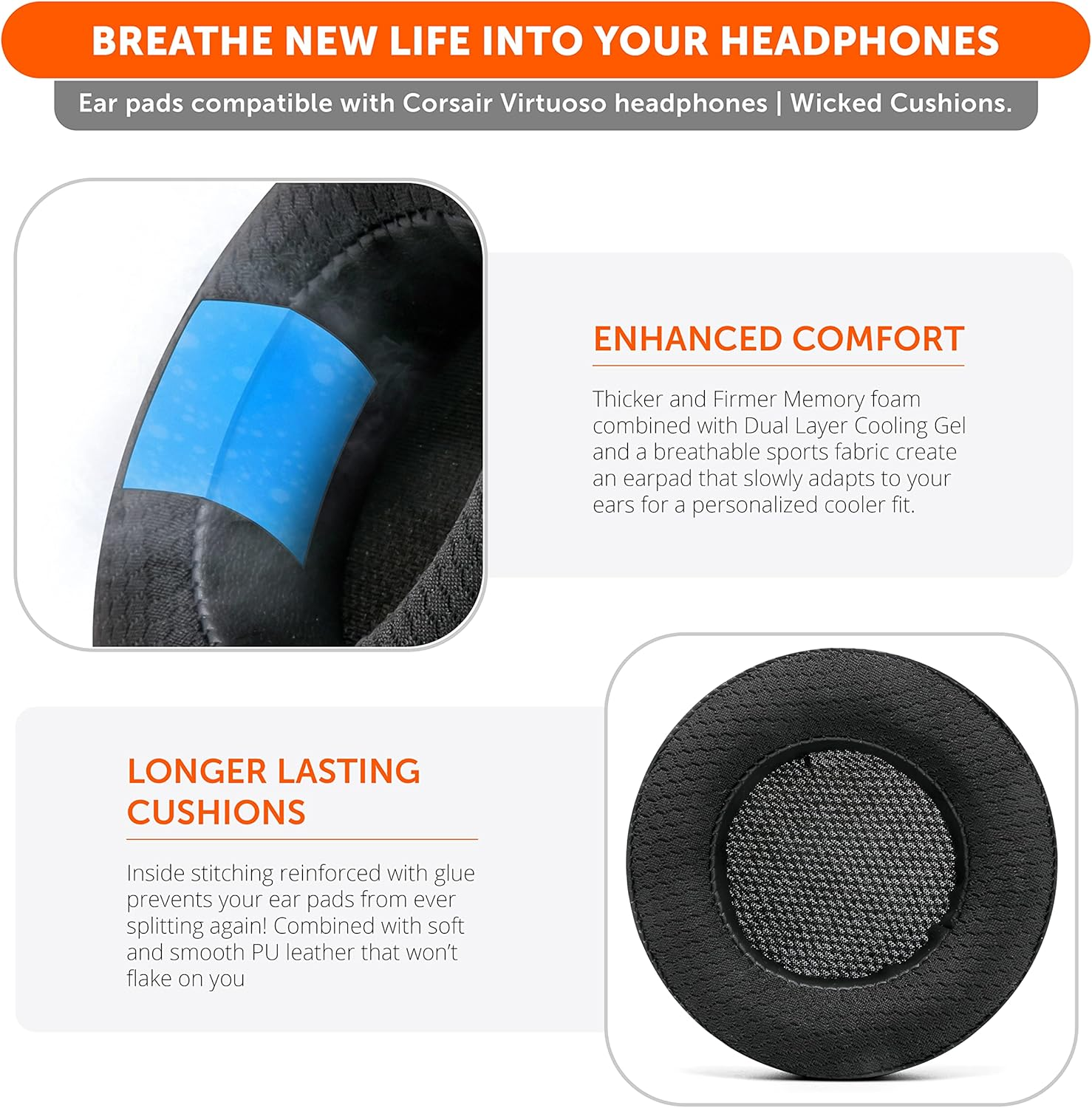 WC Freeze Virtuoso - Hybrid Fabric Cooling Gel Replacement Earpads for Corsair Virtuoso Gaming Headset, Made by Wicked Cushions, Improved Durability, Thickness and Sound Isolation | (Black) - 90'S White image number 4
