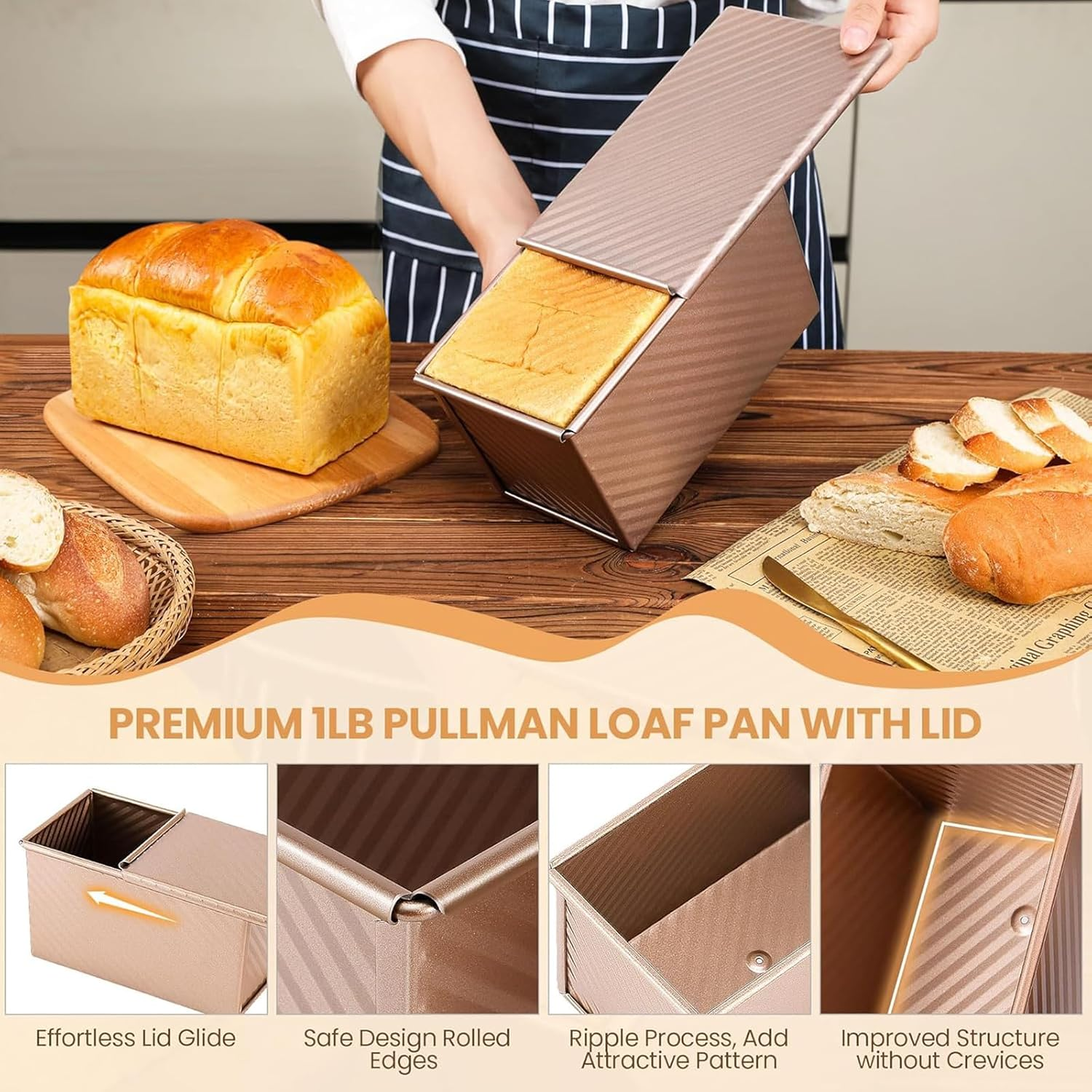 Swascoger Pullman Bread Pan with Lid, 1Lb Non-Stick Carbon Steel Loaf Pan - Corrugated Bakeware Mold for Perfect Sandwich & Toast Bread, Large Capacity Baking Tool image number 2