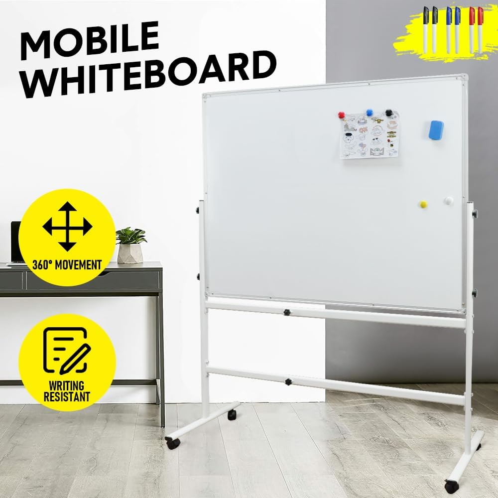 ALSTON 120X90CM Mobile Whiteboard Portable Rolling Magnetic Whiteboard Height Adjustable Panel Rotatable with Magnetic Eraser and 2 Sets Marker for Office Classroom Home