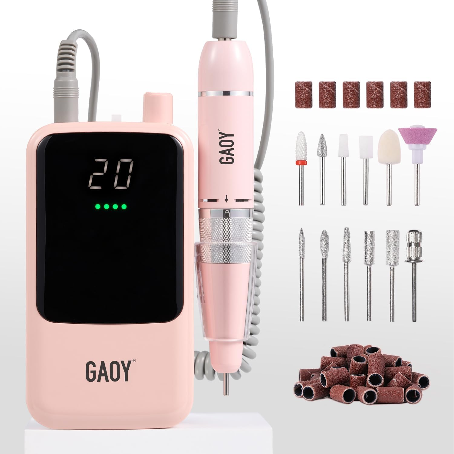 GAOY Rechargeable Cordless Nail Drill for Beginners, Electric Nail File with 12 Drill Bits and Sanding Band Set for Acrylic and Gel, Pink image number 2