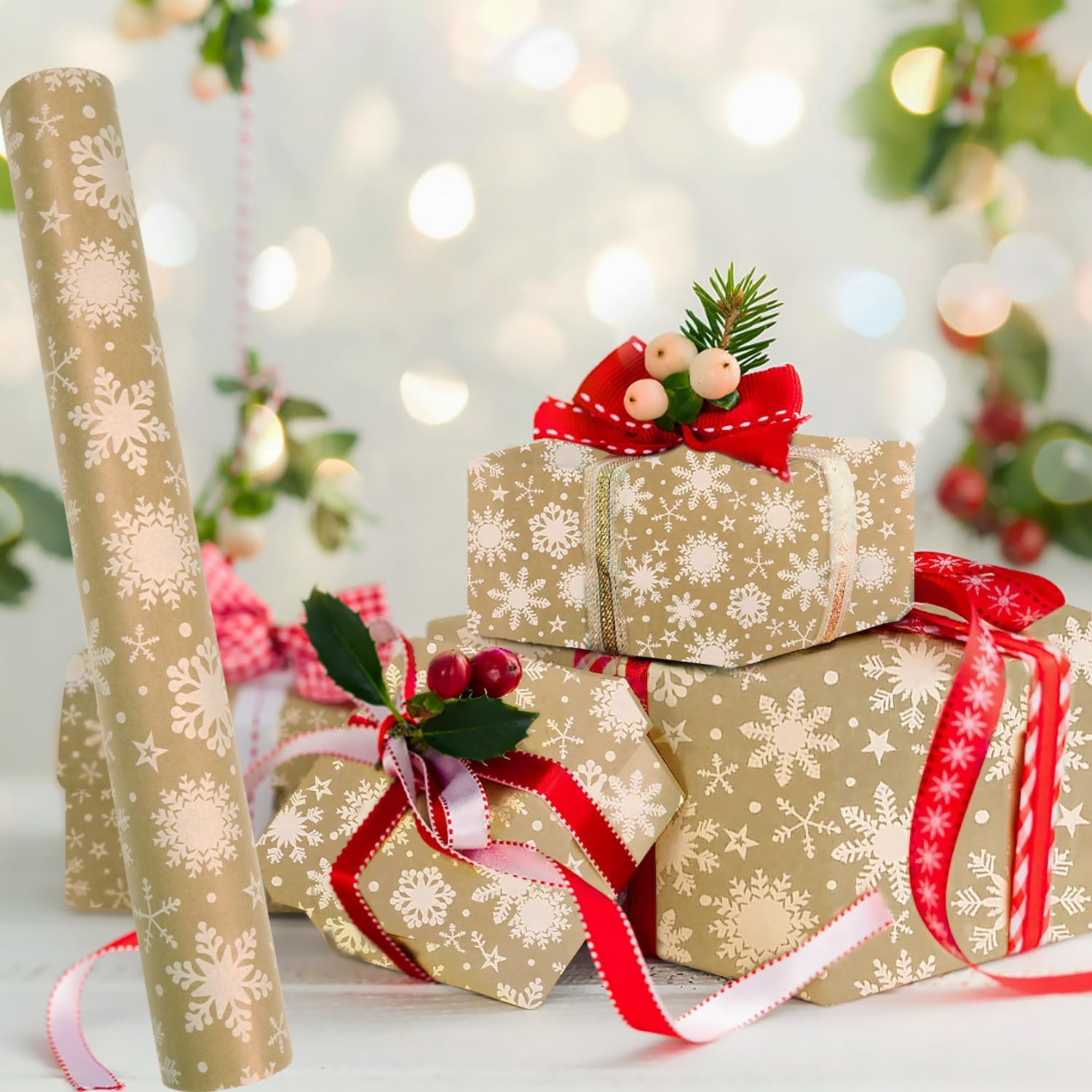 MAMUNU Christmas Wrapping Paper Roll - Vintage Brown Kraft Gift Paper with Snowflake Design - Gift Wrap for Christmas Holiday Birthday Party - Great for Girls Boys Women Men - 17Inch X 49Feet