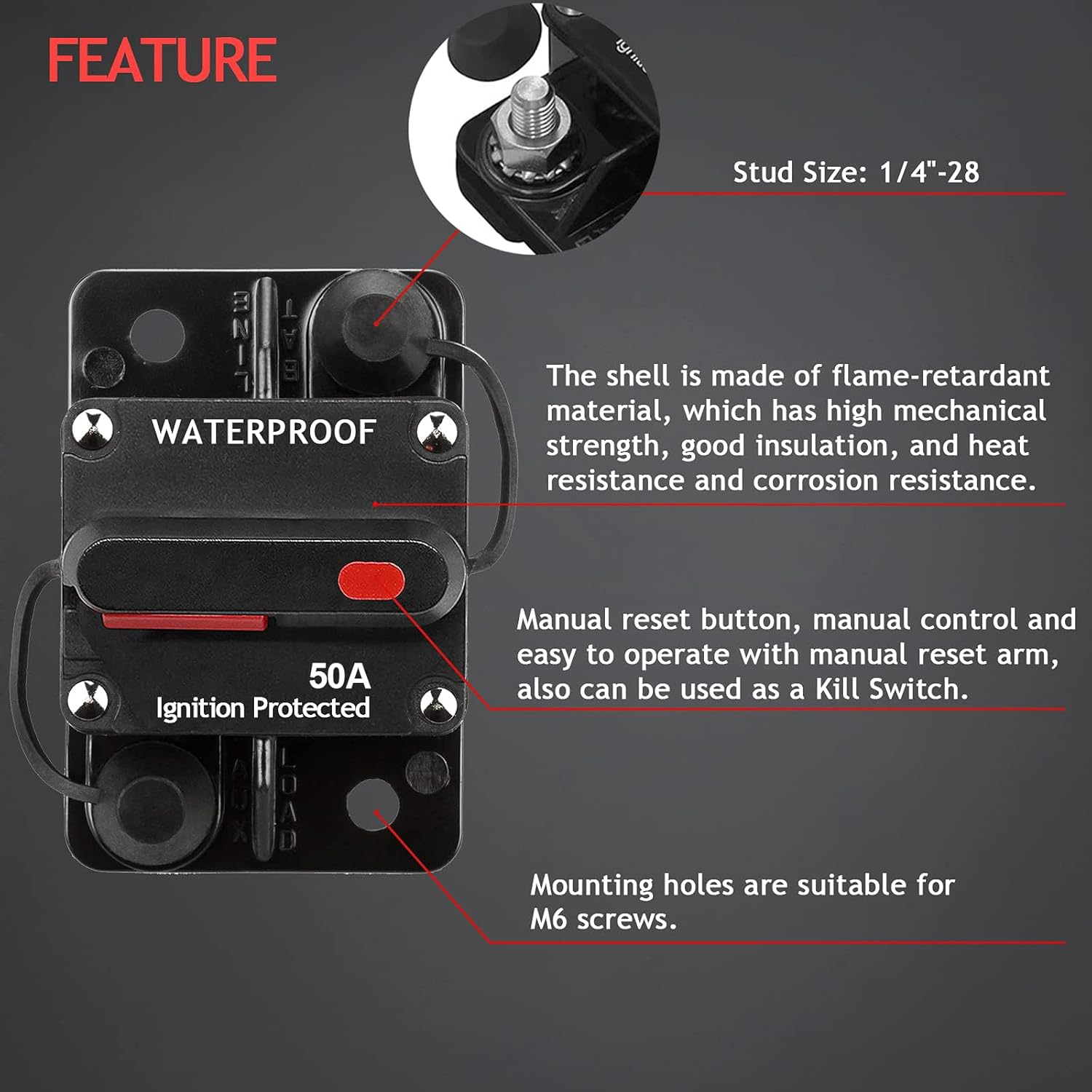 MAEZOE Car Circuit Breaker 50A AMP with Manual Reset Switch, 12V-48V DC Waterproof Inline Fuse Inverter for Marine Trolling Motors Boat ATV Manual Power (50A) image number 5