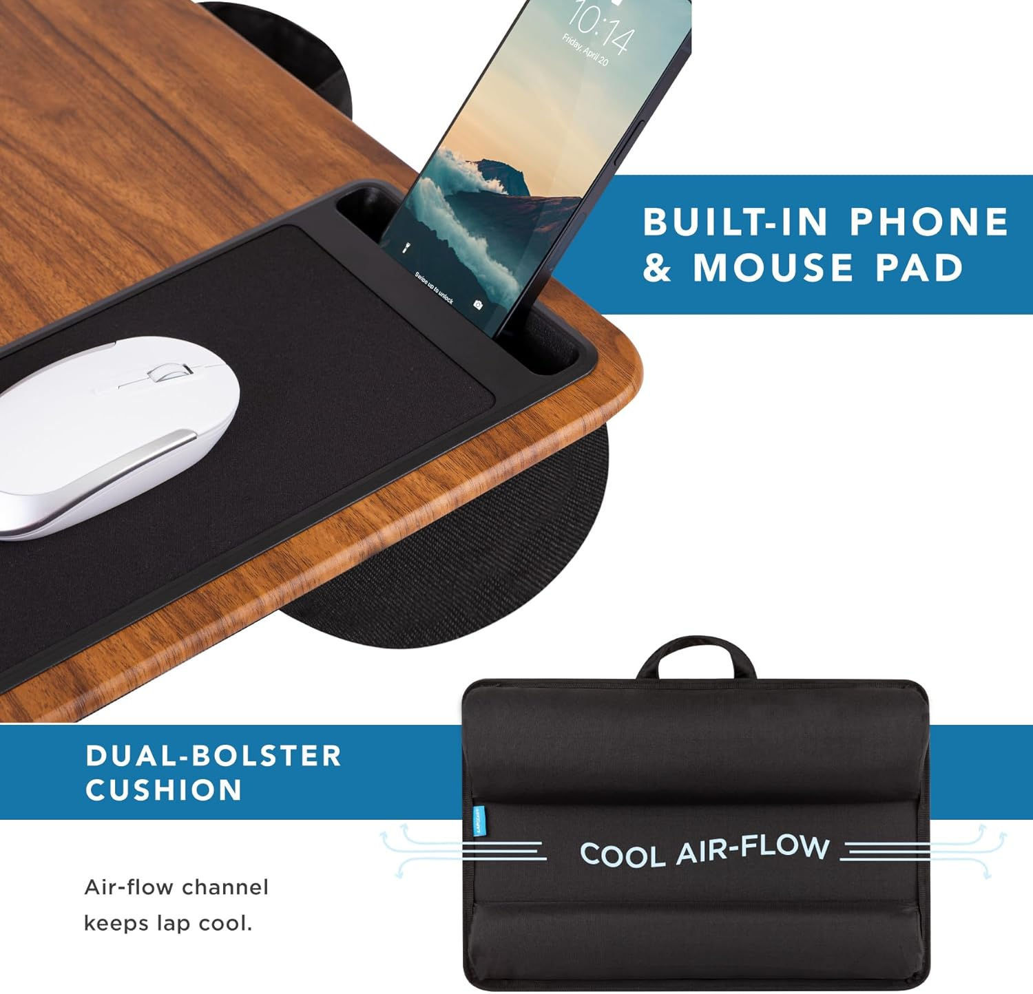 LAPGEAR Home Office Pro Lap Desk with Wrist Rest, Mouse Pad, and Phone Holder - Espresso Woodgrain - Fits up to 15.6 Inch Laptops - Style No. 91612 image number 4