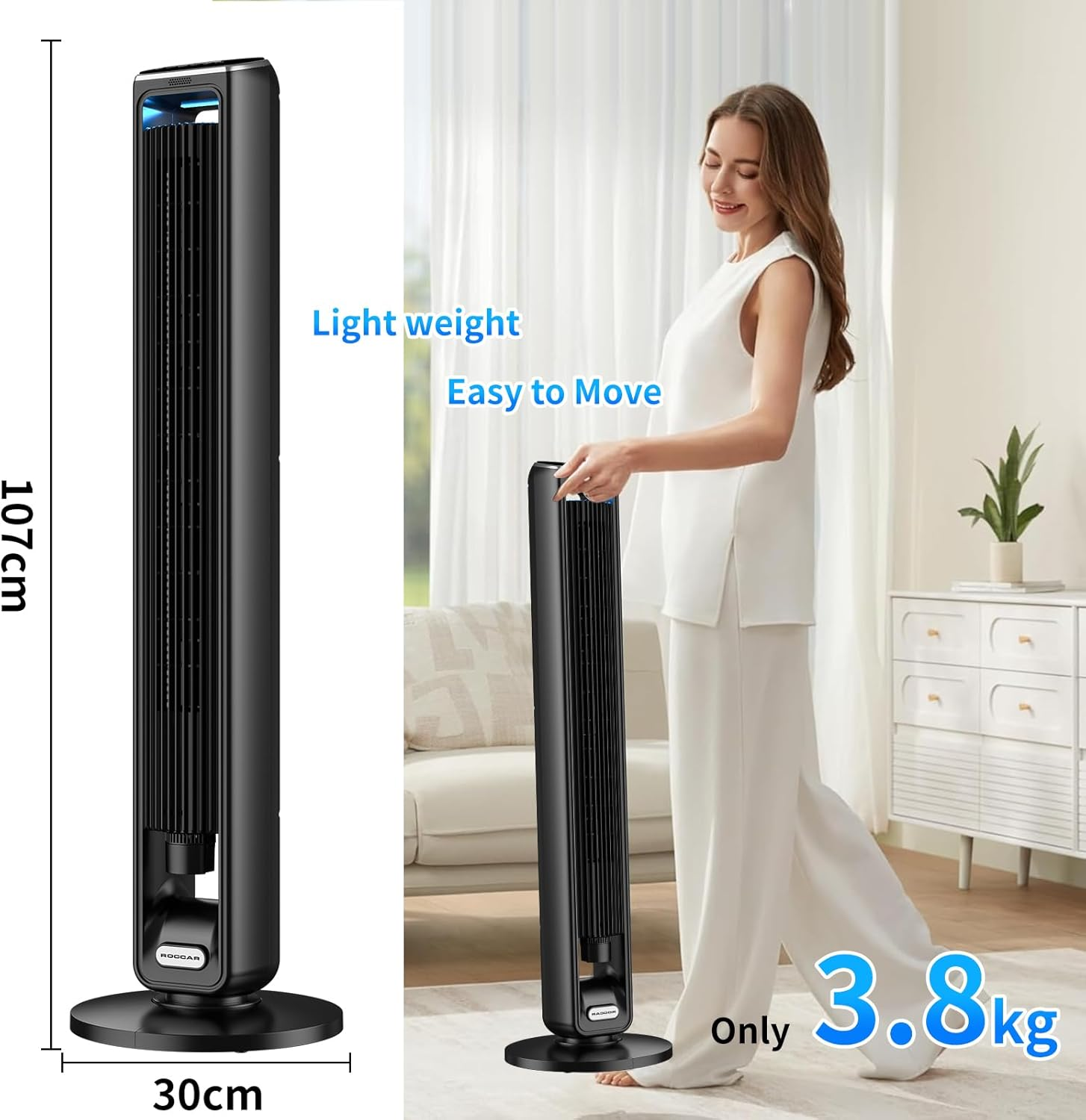 Smart Tower Fans with Aroma Box, 107Cm Slim Design, Touch Control and Remote Control, 70&deg; Oscillation, 7.5 M/S Silent Tower Fan, 3 Speeds, 15-Hour Timer, Black Standing Fan image number 3