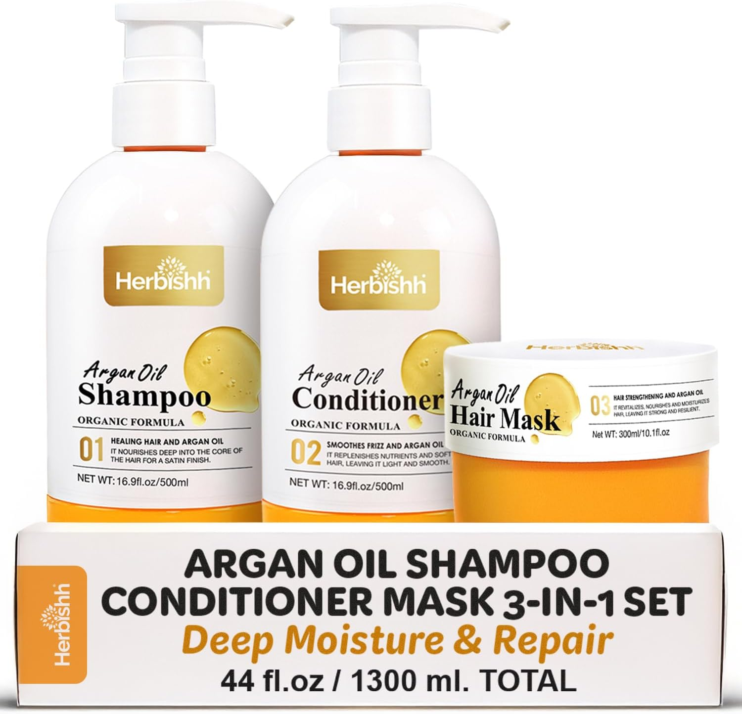Herbishh Argan Oil Shampoo & Conditioner, Deep Cleansing & Promotes Hair Growth, Repairs Dry, Damaged Hair, UV Protection, with Shea Butter, Jojoba, Coconut Oil for Frizzy Colored Hair 16.9Fl.Oz Each