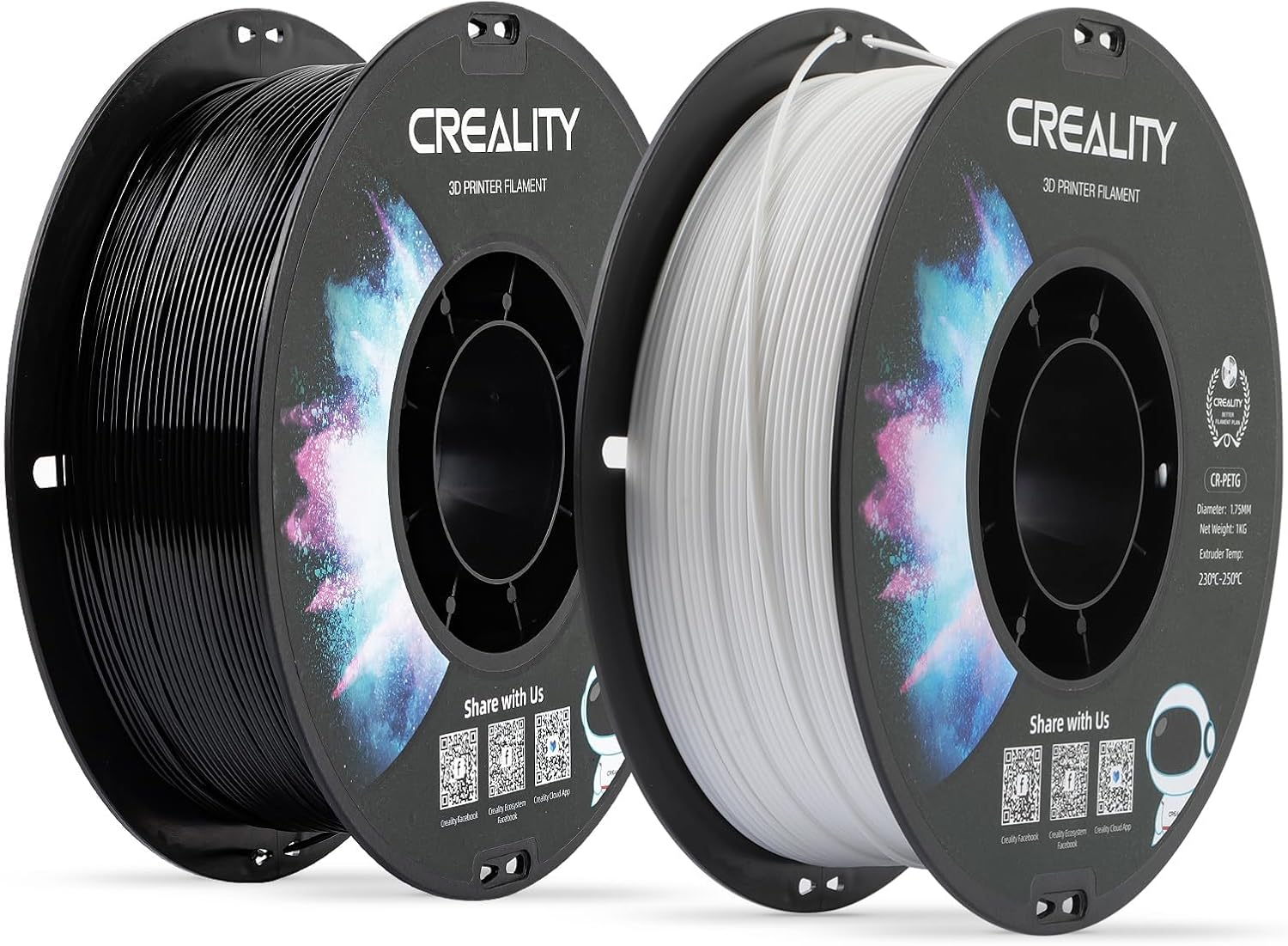 Creality 2 Kg Black & White PETG 1.75Mm Filament, 3D Printer Filament Bundle, Excellent Toughness High Precision, Odorless Non-Toxic Moistureproof, Glossy, Accuracy +/- 0.02Mm