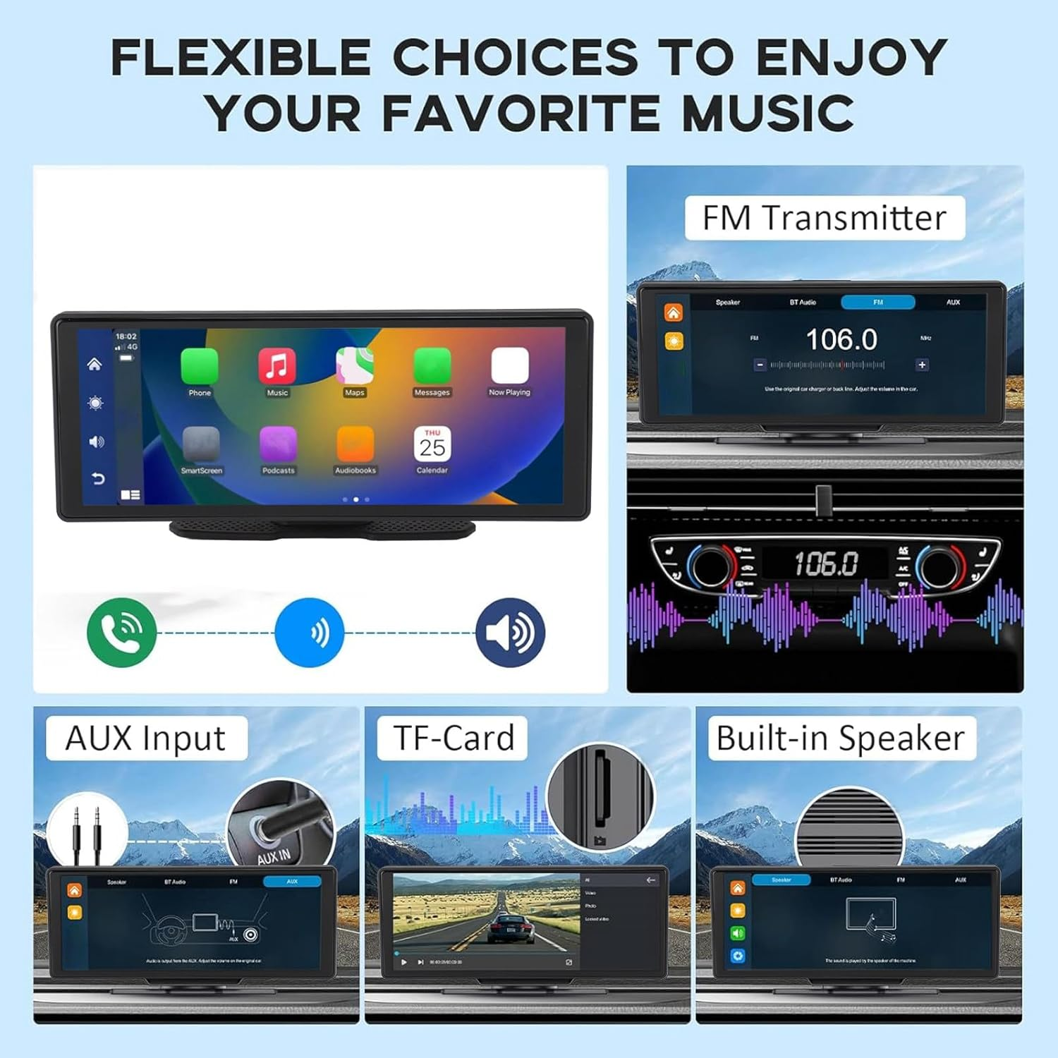 Portable Car Stereo for Carplay for Android Auto, 10.26 Inch IPS Touchscreen, Bluetooth 5.0 Wireless Car Touch Screen Radio Support Mirror Link image number 1