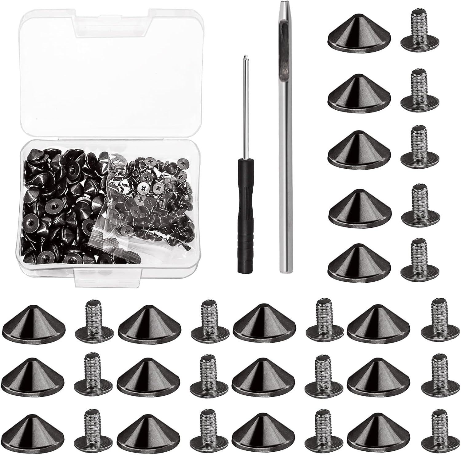 Mardatt 100 Sets 10Mm Gold Cone Spikes and Studs with Hole Puncher and Screwdriver, 4.7Mm Height Bullet Spike Cone Studs Screw Back Punk Studs and Spikes for DIY Leather Craft