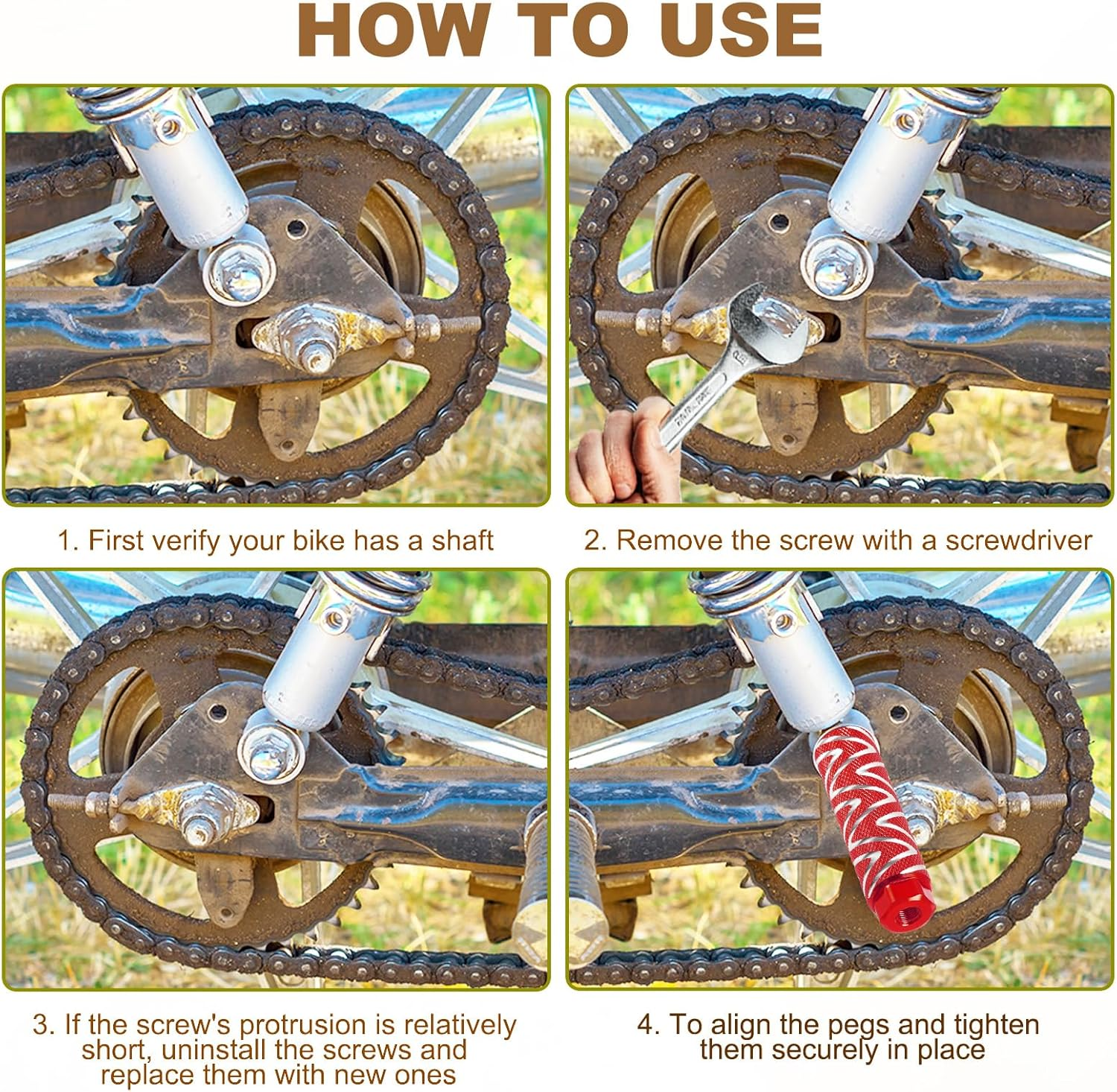 Uxcell Bike Pegs Fit 3/8 Inch Axles, 2 Pack Aluminum Alloy Anti-Skid Lead Foot Bicycle Peg Back Seat Stands with Stripe for BMX Mountain Dirt Bike Cycling Rear Stunt Pegs, Red image number 3