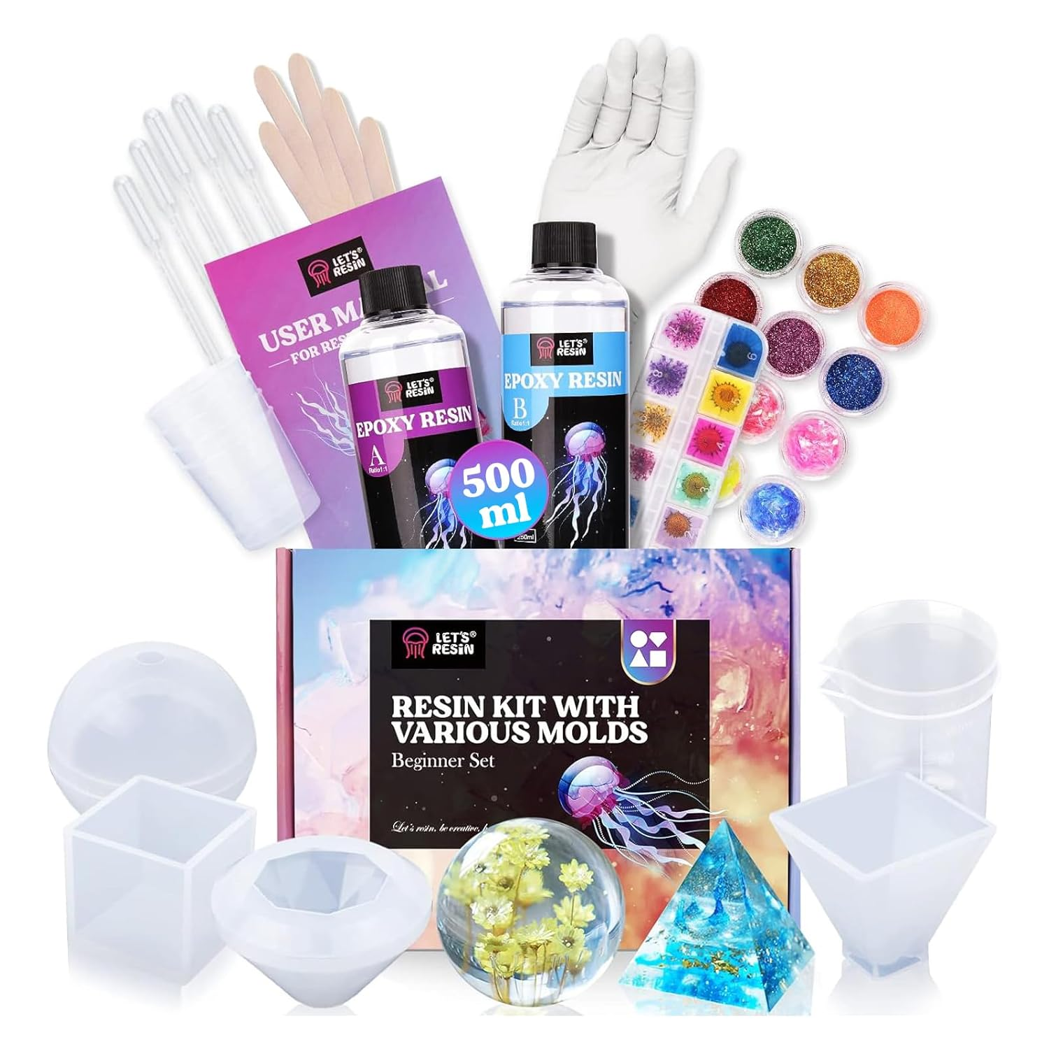 LET'S RESIN Epoxy Resin Kits for Beginners with Moulds, 500Ml Epoxy Resin Crystal Clear Kit with Sphere, Cube, Pyramid, Square, round Resin Moulds