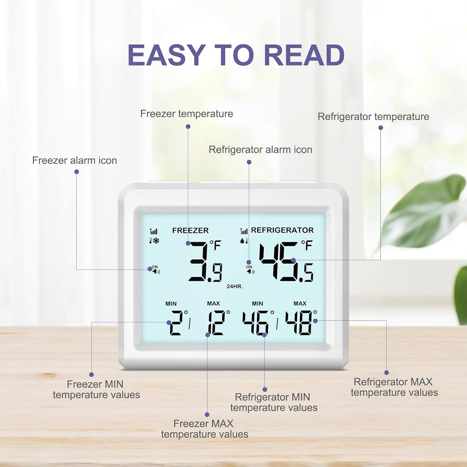 Digital Fridge Thermometer, Refrigerator and Freezer Thermometer with 2 Sensors, Indoor Thermometer with Backlight, Min/Max Record, Alarm, Room Thermometer for Home, Restaurant, Cellar, Bar image number 4