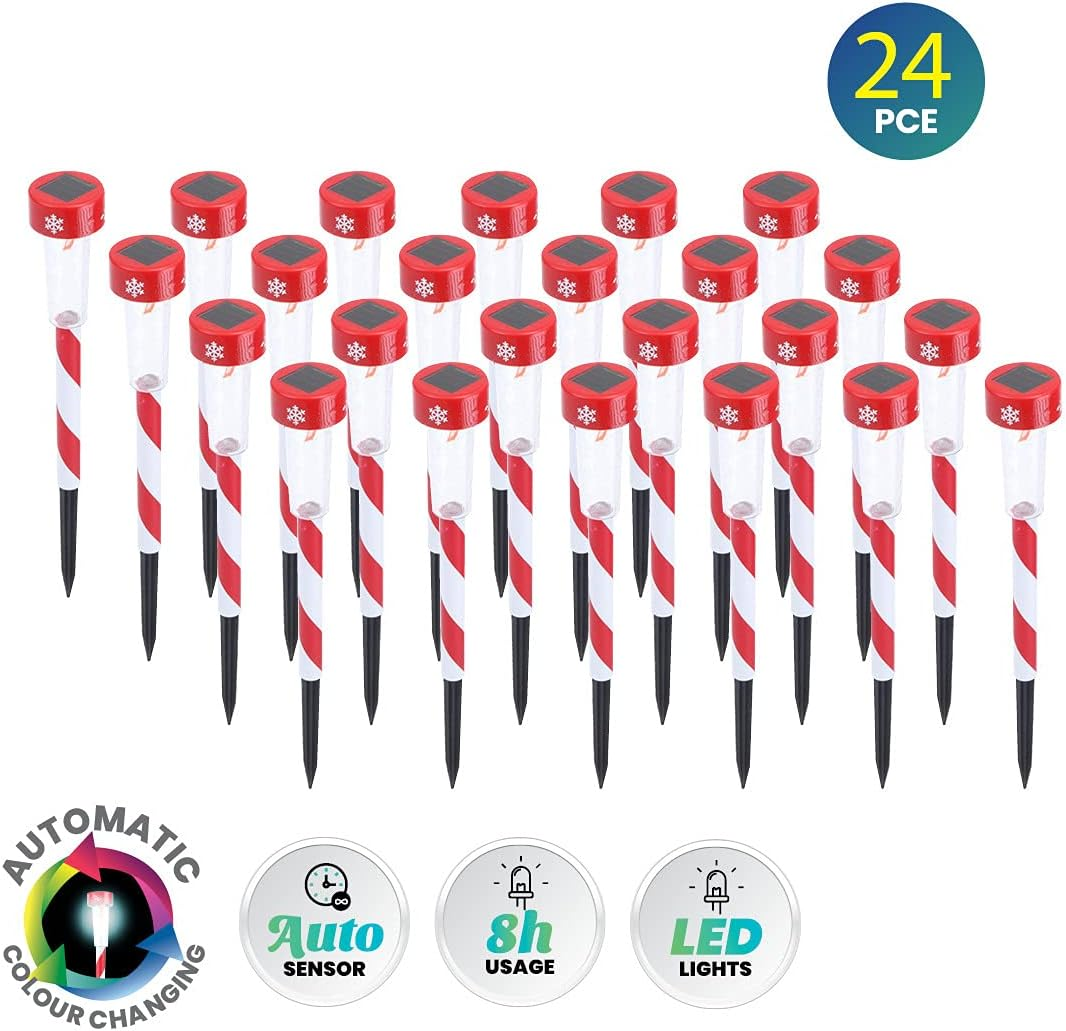 CHRISTMAS by SAS - 24Pcs Garden Stake LED Solar Light, Automatically Cycles through Colours, Red, Blue, Green, Yellow, Light Blue, Purple, Pink, 36Cm Striped Red & White, Outdoor Christmas Decor image number 4