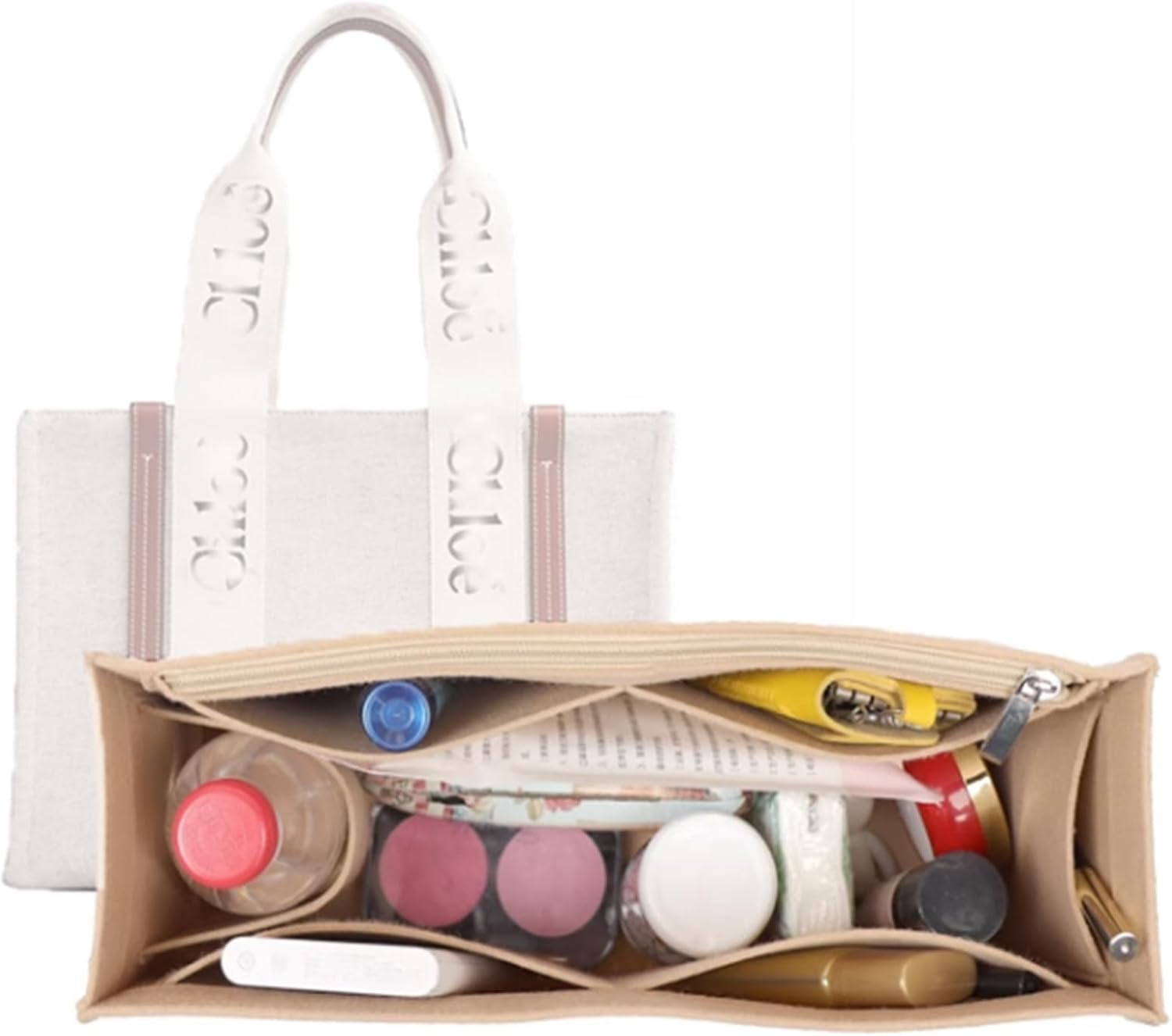 Lckaey Purse Organizer for Chloe Woody Tote Bag Insert Large Medium Small Wallet Felt Organizer 1015Beige-L