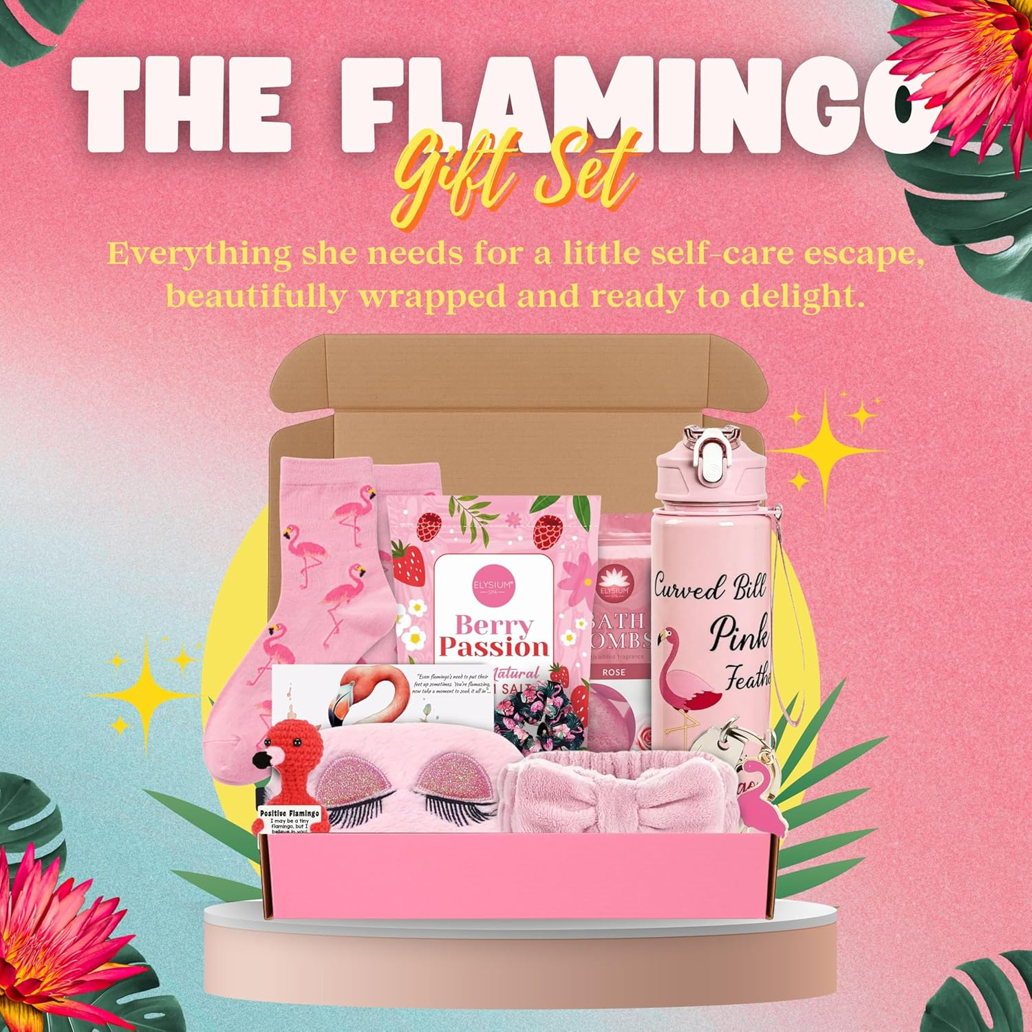 Infinite Emblems Flamingo Gifts Set for Women with Positive Crochet Flamingo, Keyring, Water Bottle, Socks, Bath Bomb, Bath Salt, Sleep Eye Mask, Scrunchies, Pink Headband and Affirmation Card image number 4