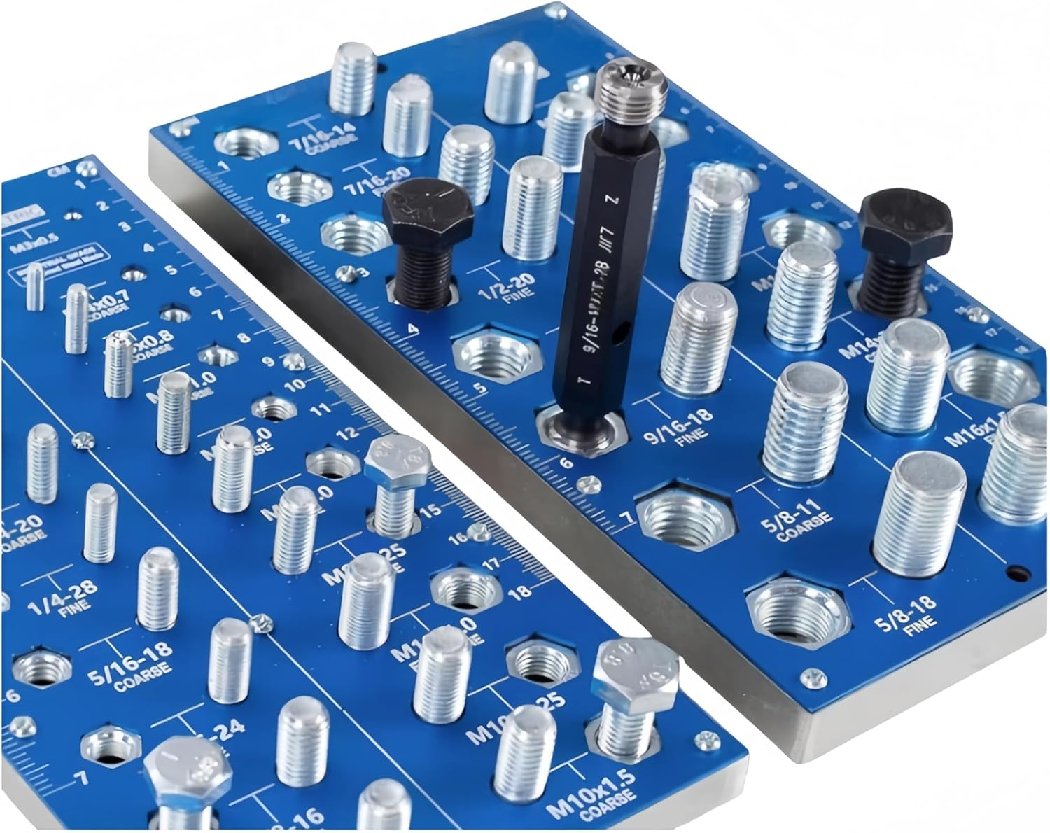 Nut and Bolt Thread Checker, 38 Holes, 17 Metric and 21 Imperial Sizes, 10 Specifications, Bolt Size and Thread Gauge, 2 Pieces image number 1