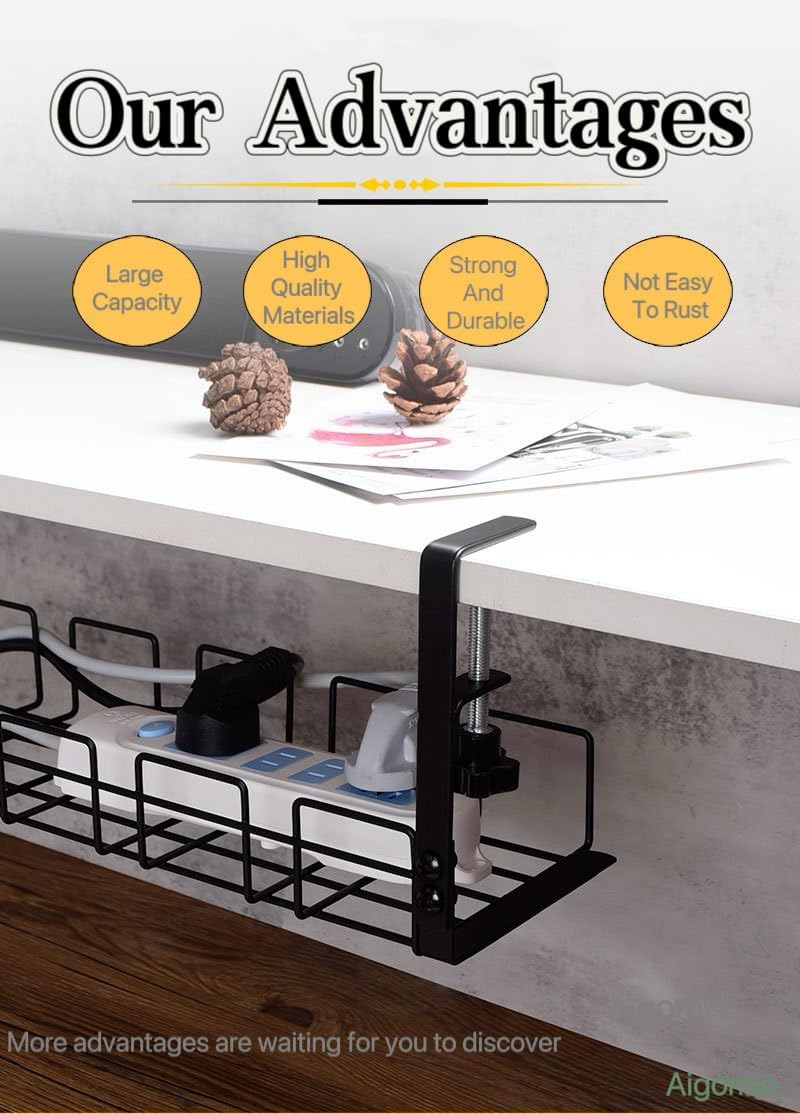 2 Pack under Desk Cable Management Tray No Drill, Underdesk Cable Organiser for Cable Management, Ultra-Rugged Desktop Cable Rack with Clips, Standing Desktop Cable Manager (15.75" Black) image number 5