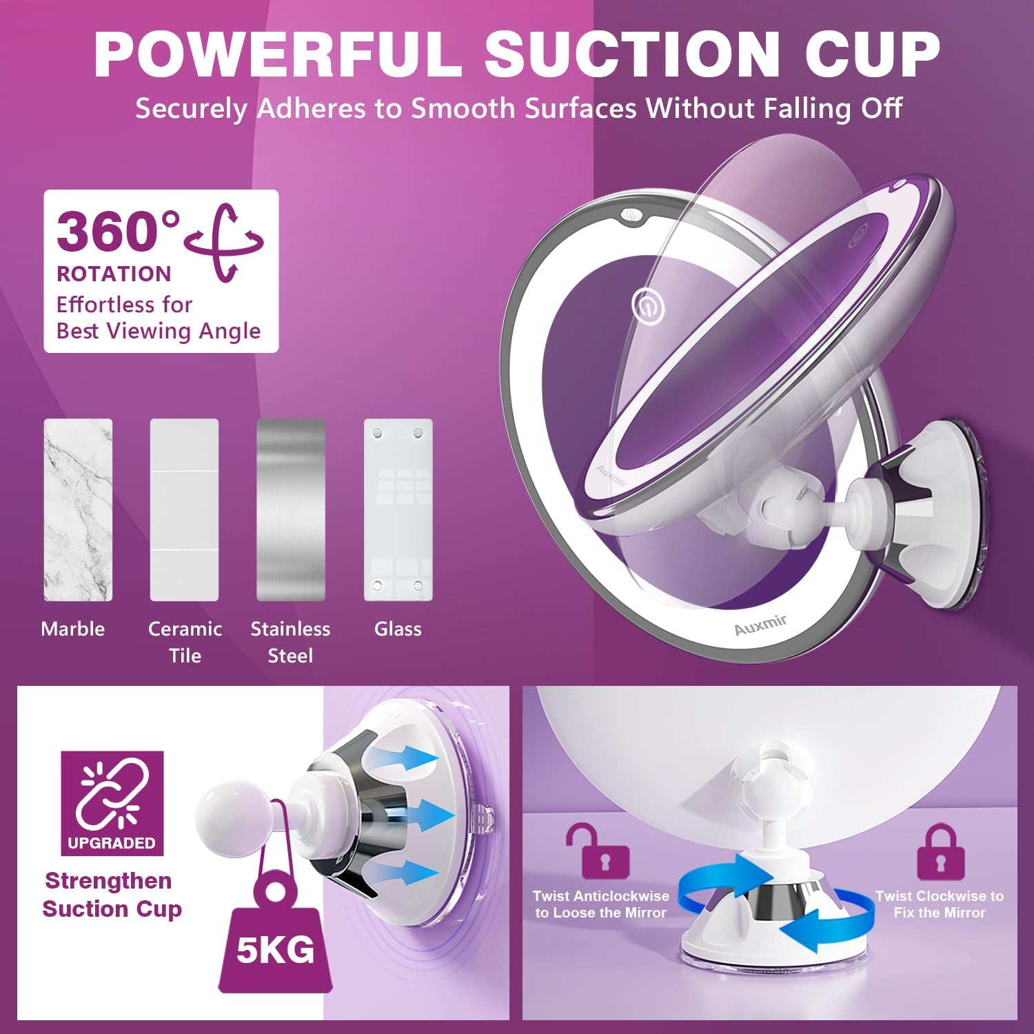 Auxmir Cosmetic Mirror with 30X Magnification, 2000 Mah LED Make-Up Mirror with Lighting, 3 Light Colours and Strong Suction Cup, 8 Inch Magnifying Mirror with Light, Dimmable Shaving Mirror For