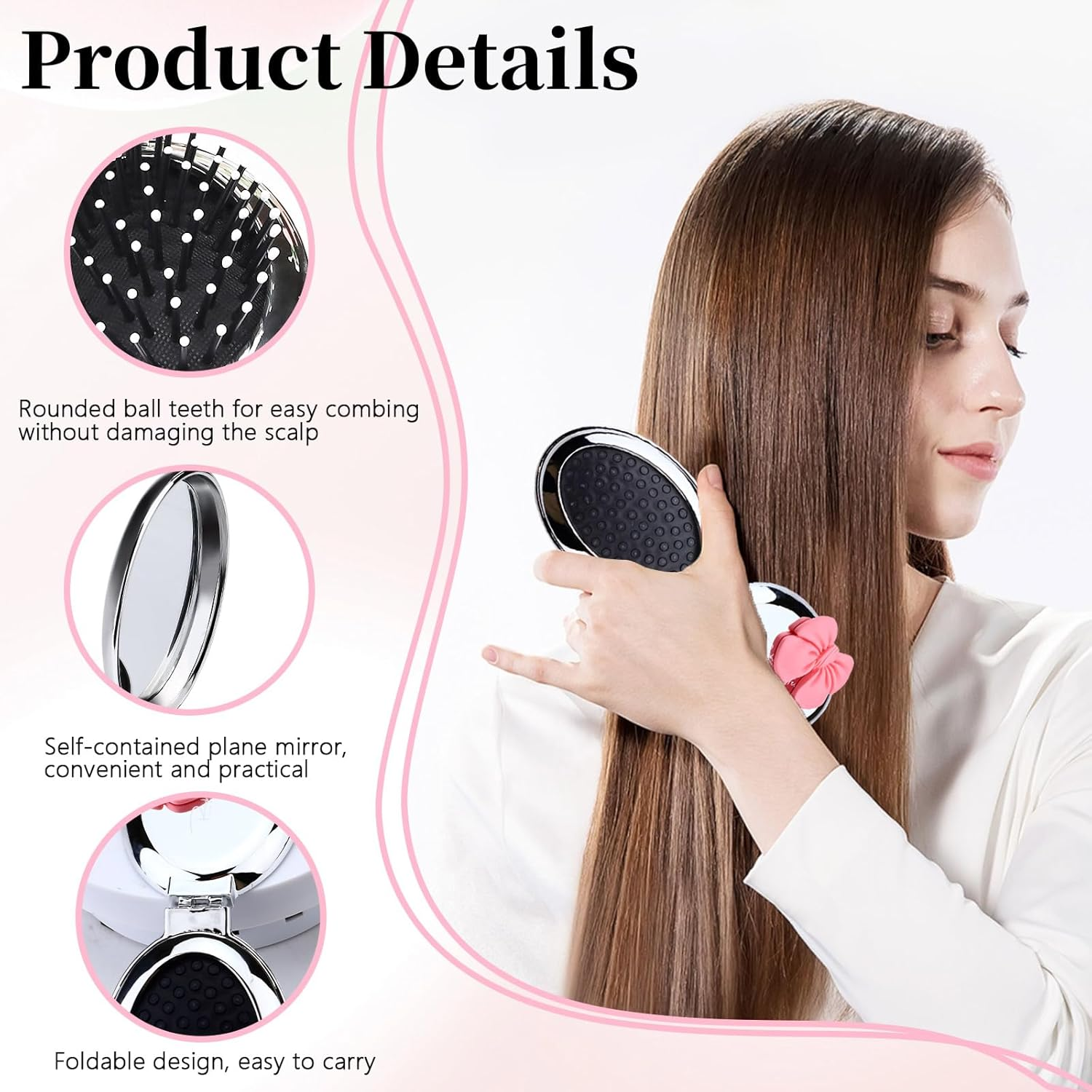 Yitexin 3 Pack Travel Size Folding Hair Brush with Pocket Mirror, Foldable Small Hairbrush for Women Men, Compact Paddle Brush Air Cushion Comb for Detangling Massage (Bowknot, 2 Colors) image number 3