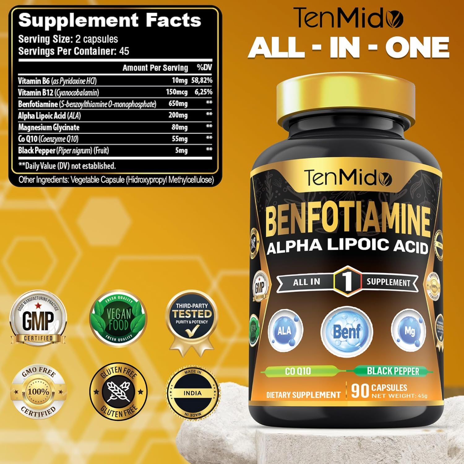 Benfotiamine with Alpha Lipoic Acid (ALA), Coq10, Magnesium Glycinate & B-Complex Supplements - High Absorption - 90 Vegan & Non-Gmo Capsules image number 6