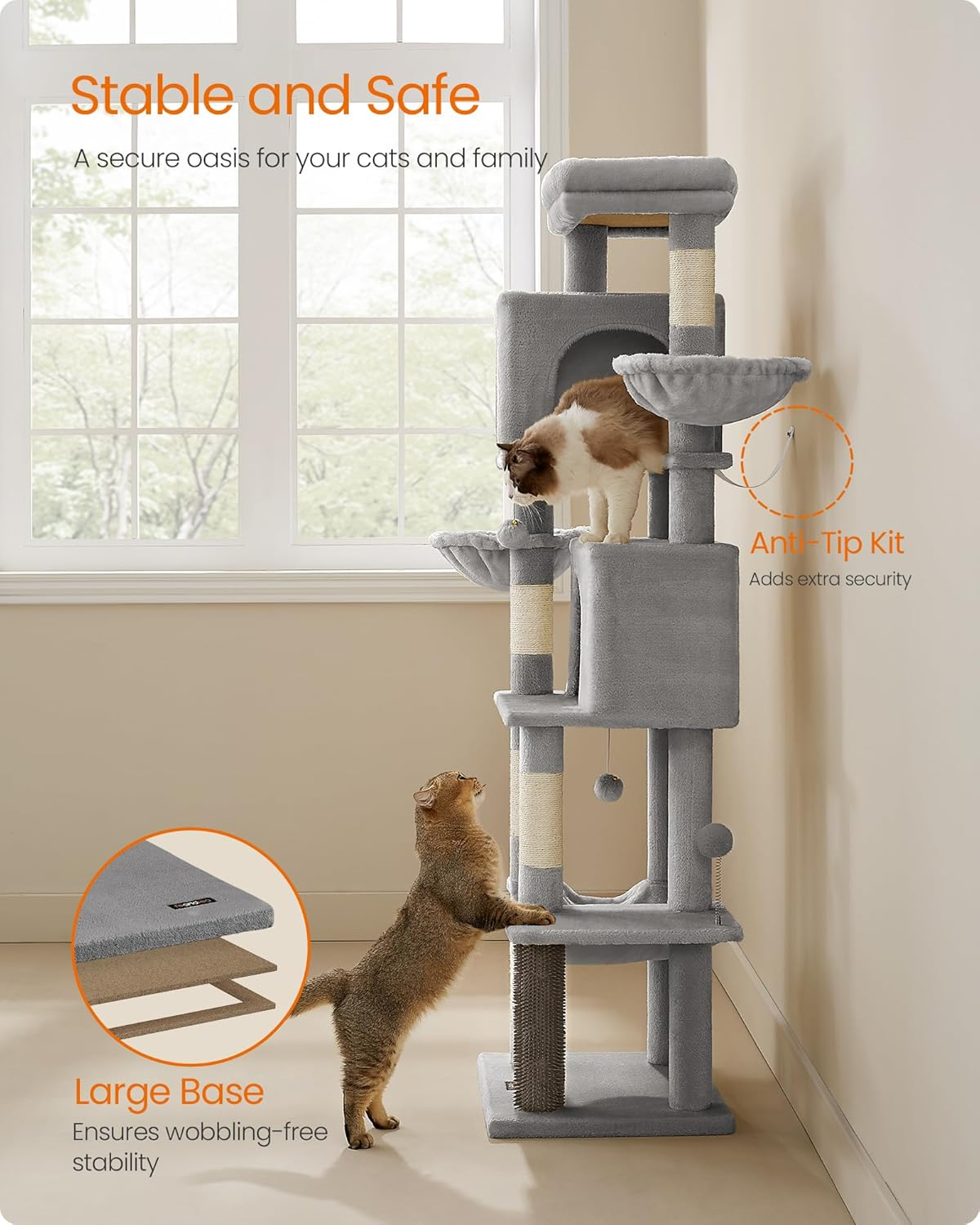 Feandrea Cat Tree, 69-Inch Tall Cat Tower for Indoor Cats, Multi-Level Cat Condo with 2 Caves, 2 Baskets, 5 Scratching Posts, Self-Groomer, Perch, Hammock, Dove Gray UPCT182G01 - Dove Gray image number 2