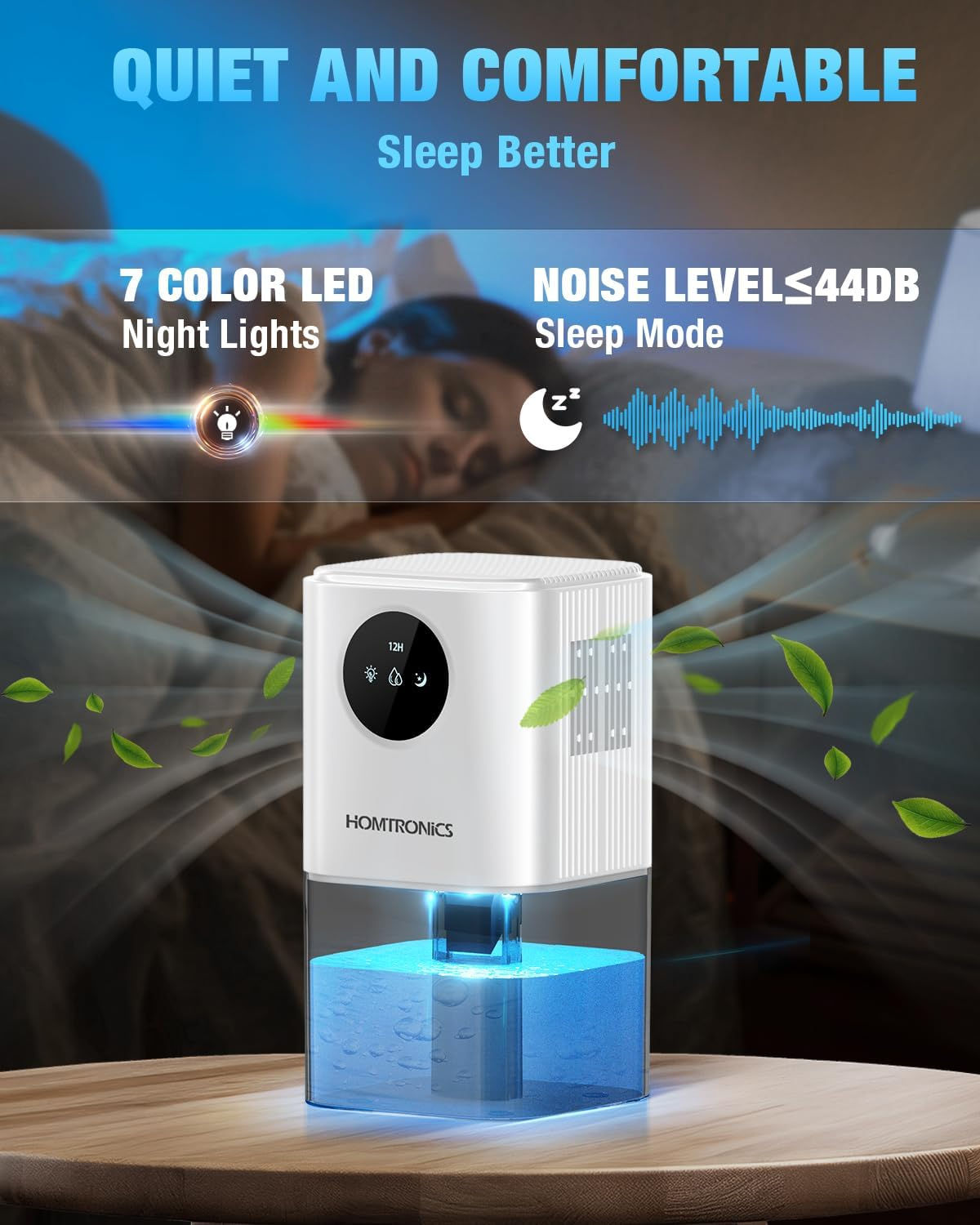 1700Ml Dehumidifier, [Timing Function] Homtronics Small Dehumidifier for Home up to 25㎡, Quiet Sleep Mode, Auto Shut-Off, 7 Colorful Light, Ideal for Bedroom, Closet, Basements，Rv, Moisture Absorber image number 1