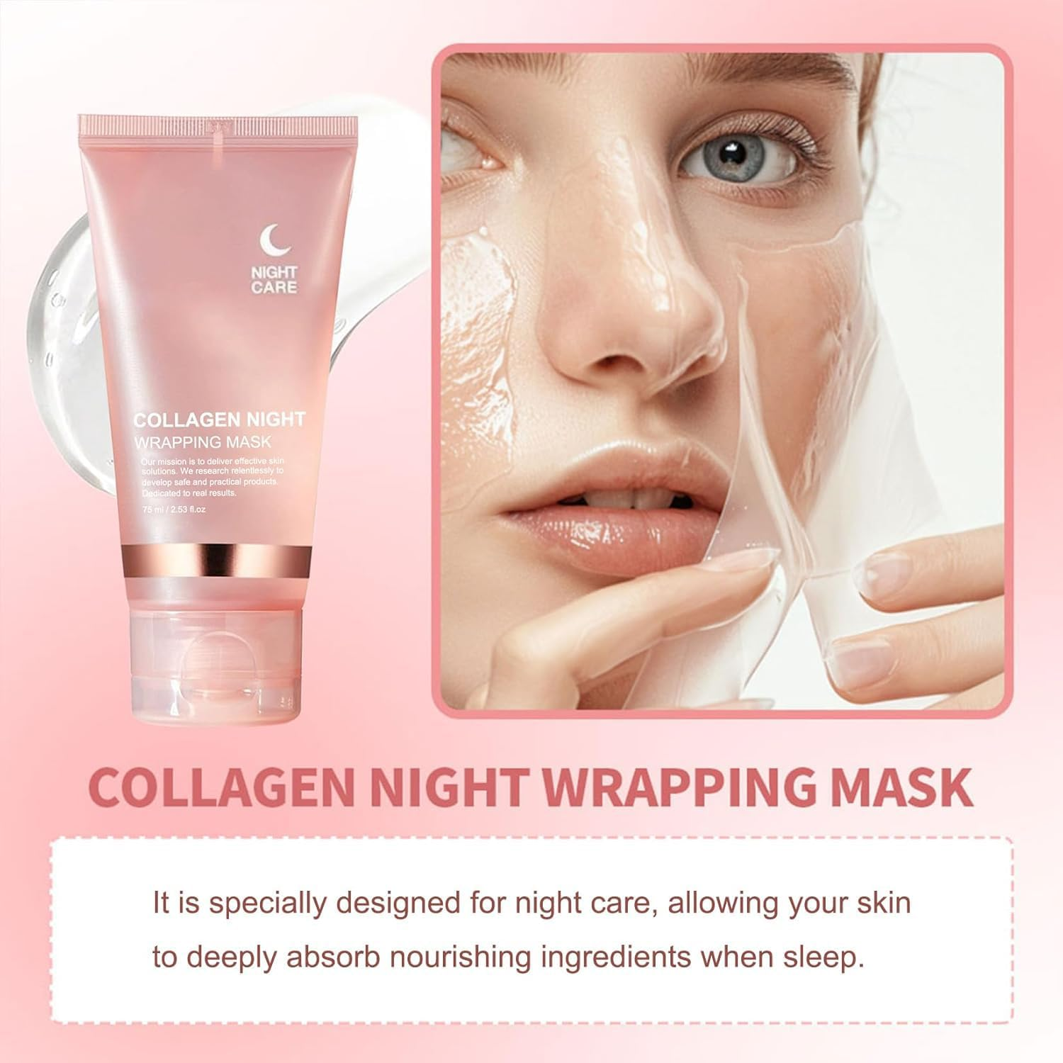 Collagen Night Wrapping Mask Peel-Off Overnight Collagen Face Mask - Deeply Hydrates & Firming & Glowy - Reduce Sagging & Wrinkle for Glowing Skin 75Ml with Mask Applicator image number 1
