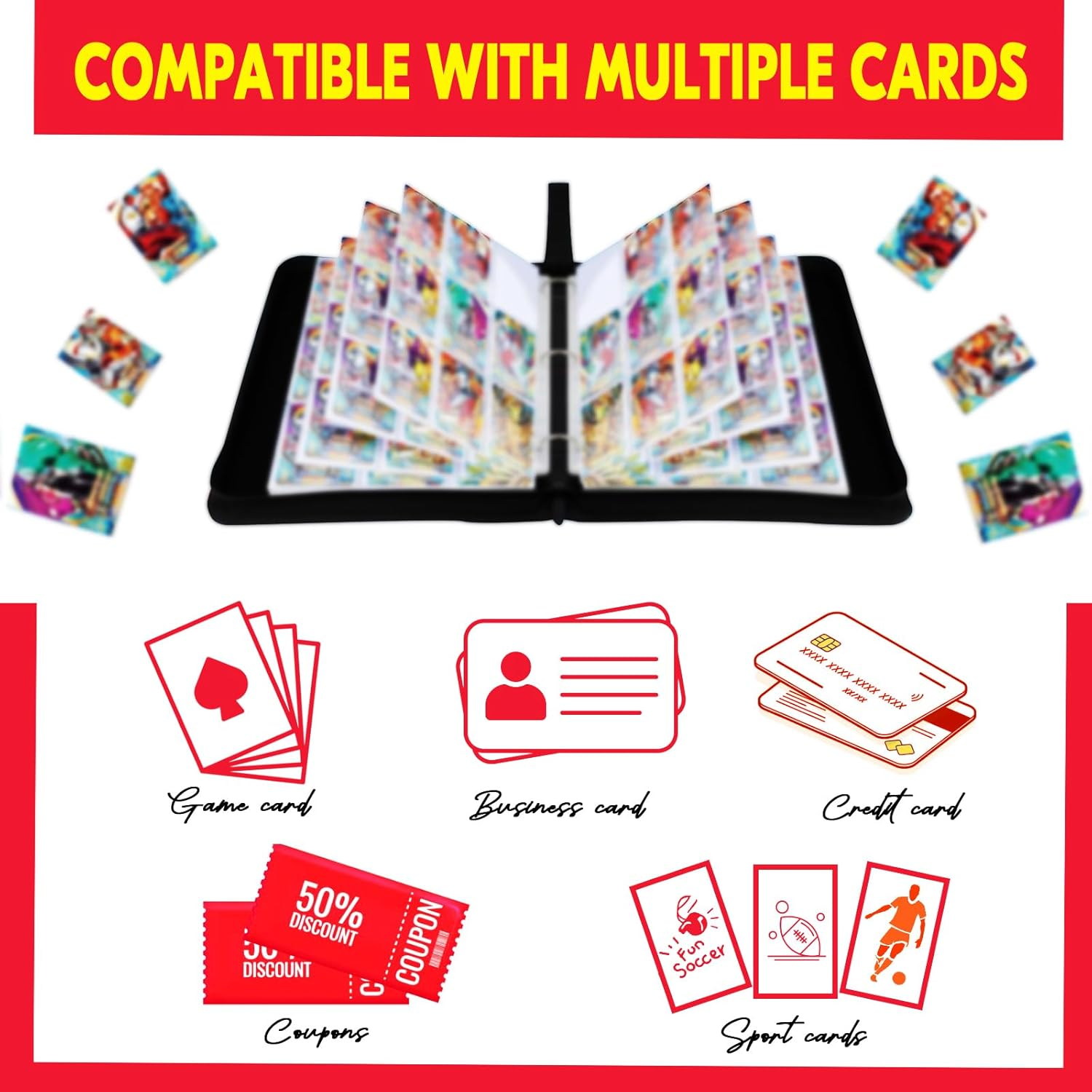 900 Pockets Card Binder, 9 Pocket Trading Card Holder, Cards Albums with 50 Removable Sleeves, Card Binder for 900 Cards image number 2