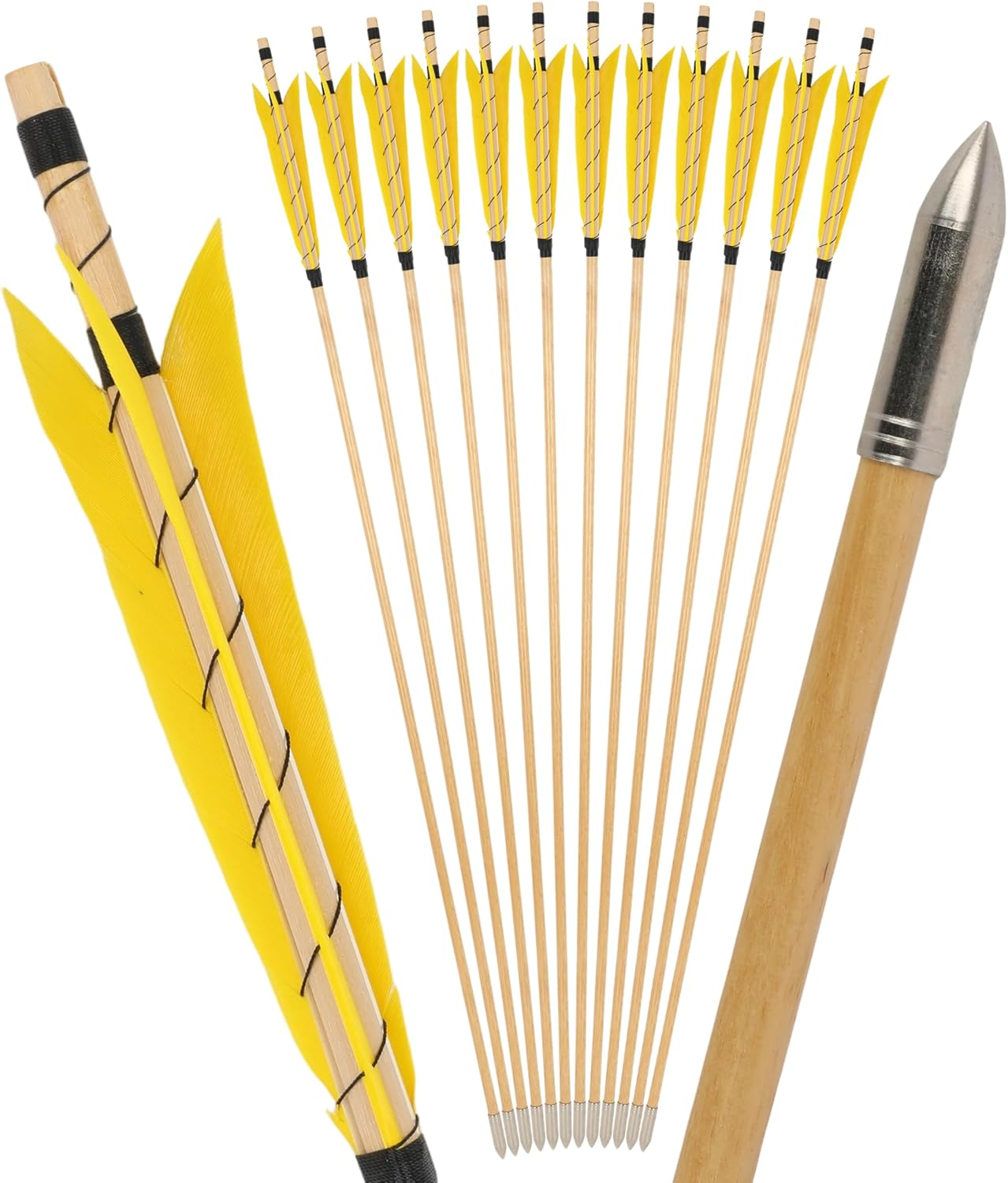 32 Inch Wooden Arrow English Longbow Arrow Target Pracrice Arrow Shaft with 5" Turkey Feather Fletching and Field Point for Recurve Bow Longbow Traditaonal Bow - 12Pcs, 3 Yellow