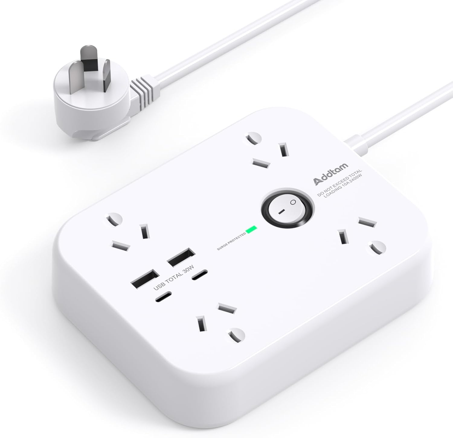 Addtam PD30W Power Board Surge Protected, Desk Powerboard with 4 AC Outlets and 4 USB Ports(2 USB C), 1.8M Extension Cord Power Strip for Home Office Travel Essentials image number 2