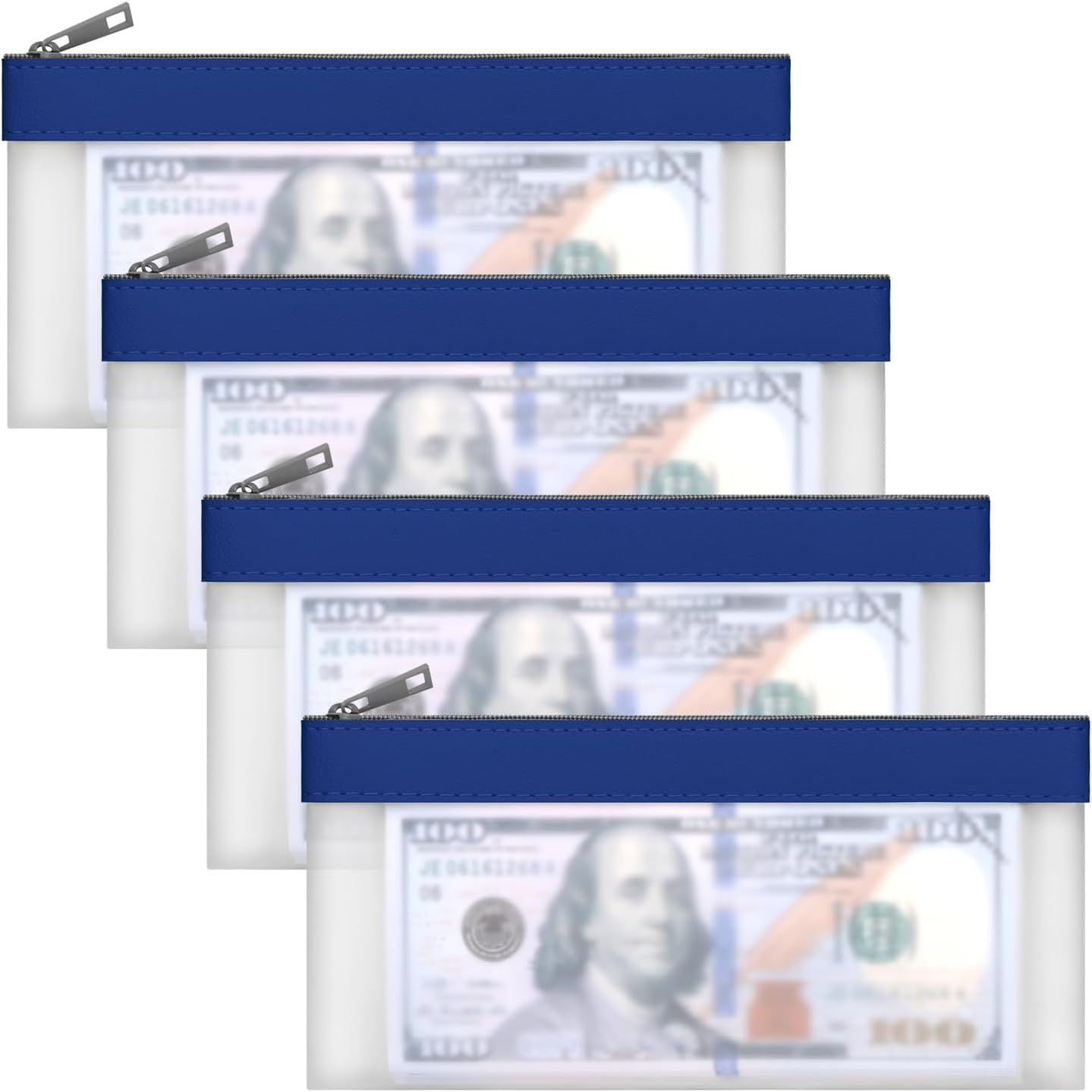 4 Pieces Money Bags with Zipper, Cash Envelopes,7.6 X 3.7 Inch Money Pouch, Clear Bank Deposit Bags, Bank Bag, Cash Bag, Coin Bag for Collectors, Multi-Purpose Check Wallet with 4 Colors, Green, 7.6 X