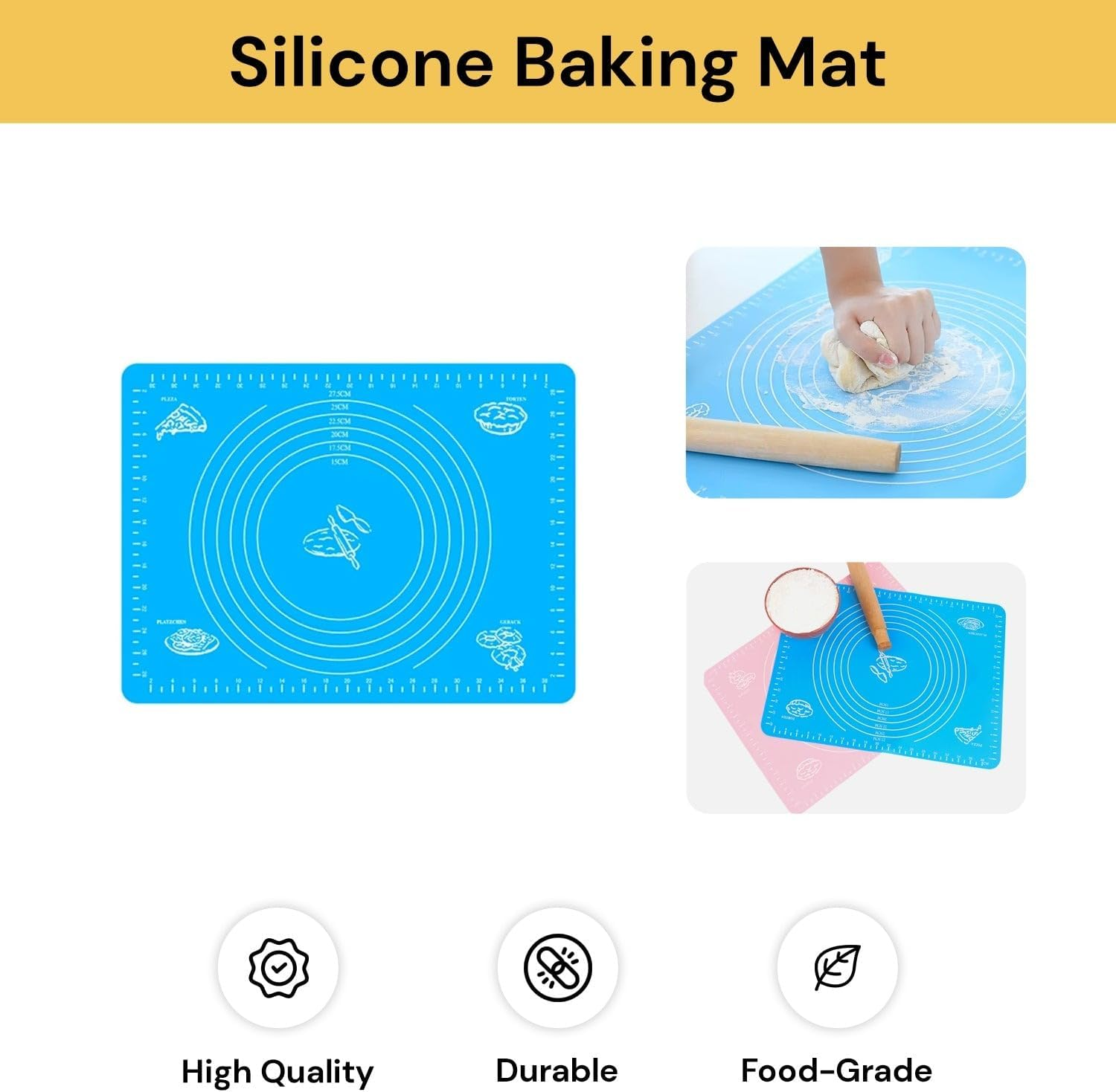 Spendeal 2PCS Silicone Baking Mat for Pastry Rolling Dough with Measurements, BPA Free Non Stick and Non Slip Pink Table Sheet Baking Supplies for Bake Pizza Cake (Blue) image number 3