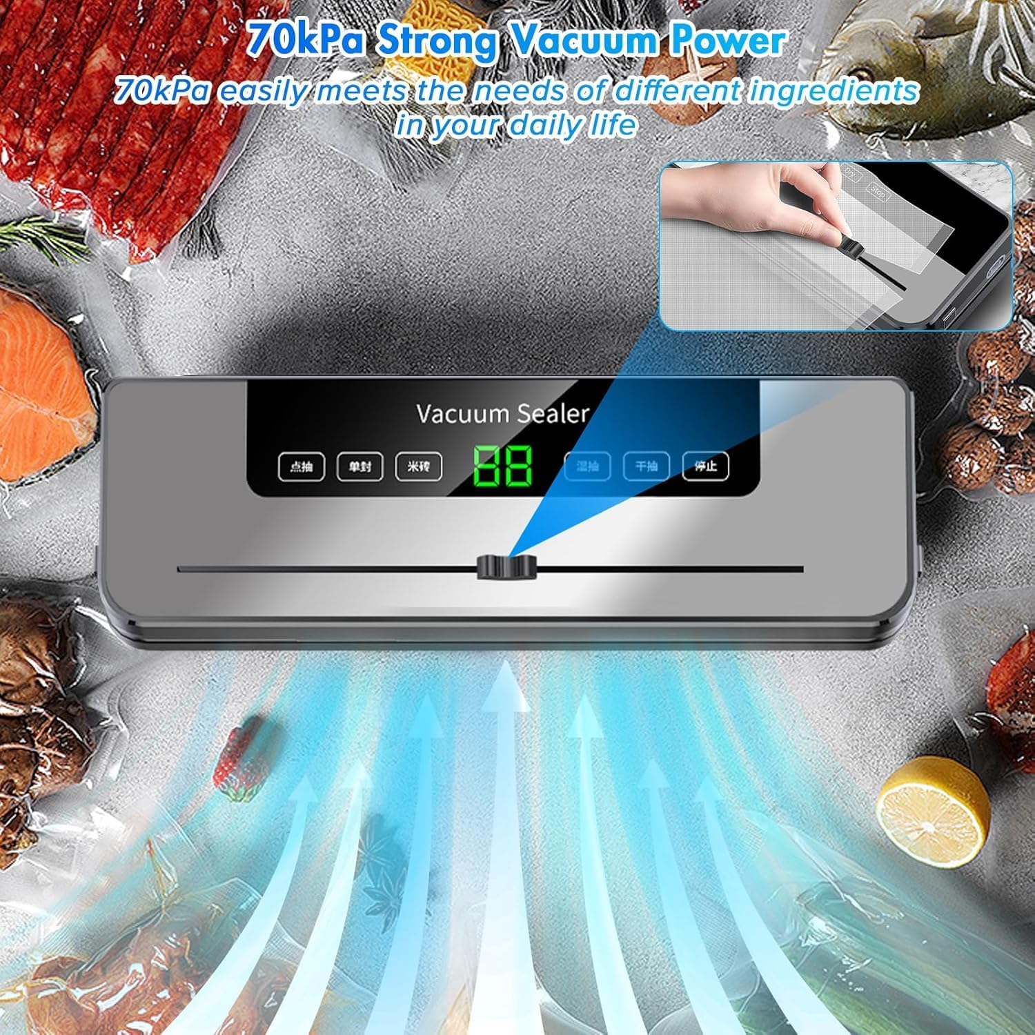 Yakiter Vacuum Sealer Machine, 6-In-1 Automatic Sealing Food Saver Machine with 30Pcs Sealing Bags, Dry & Moist Sealing Modes, Built-In Cutter,For Food Fresh and Storage (Grey) image number 4