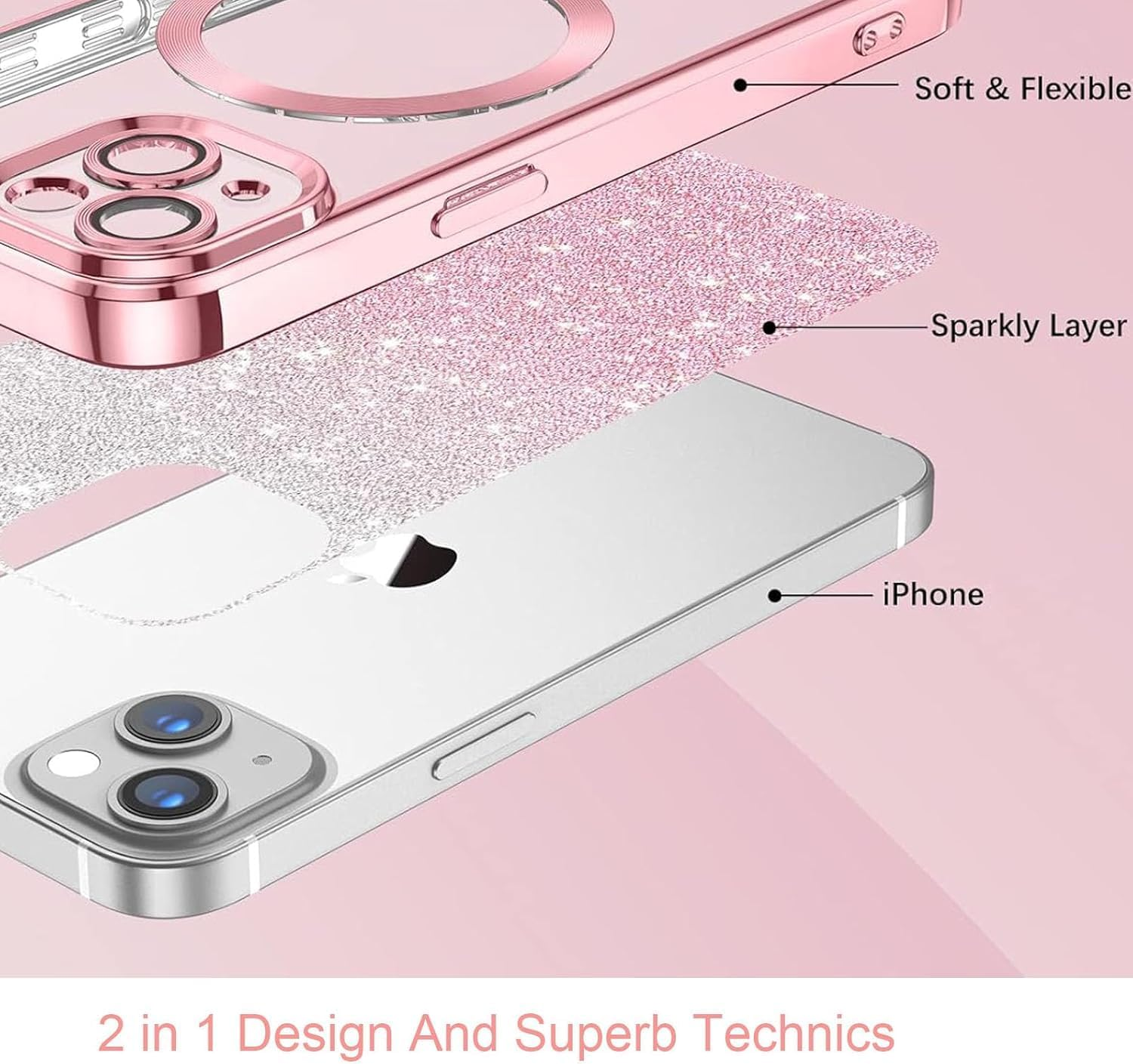 For Iphone 16E Case Clear Magnetic Glitter Phone Cases [Compatible with Magsafe] Protector Slim Sparkle Luxury Plating Shockproof Protective Cover Women (Pink, Iphone 16E) image number 4