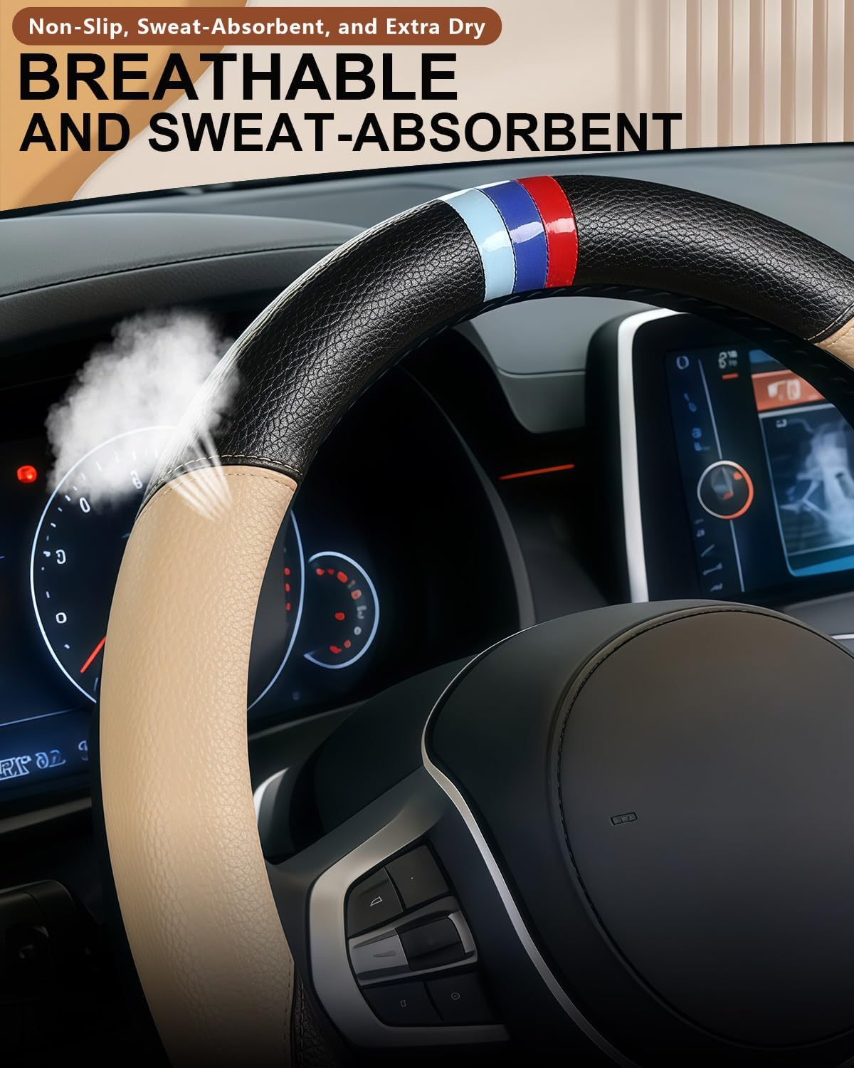 OHHMNKK Customized Auto Car Steering Wheel Cover for BMW X1,X2,X3,X4,X5,X6,X7,I3,I4,I5,14.5-15 Inch (Beige) - Black image number 5