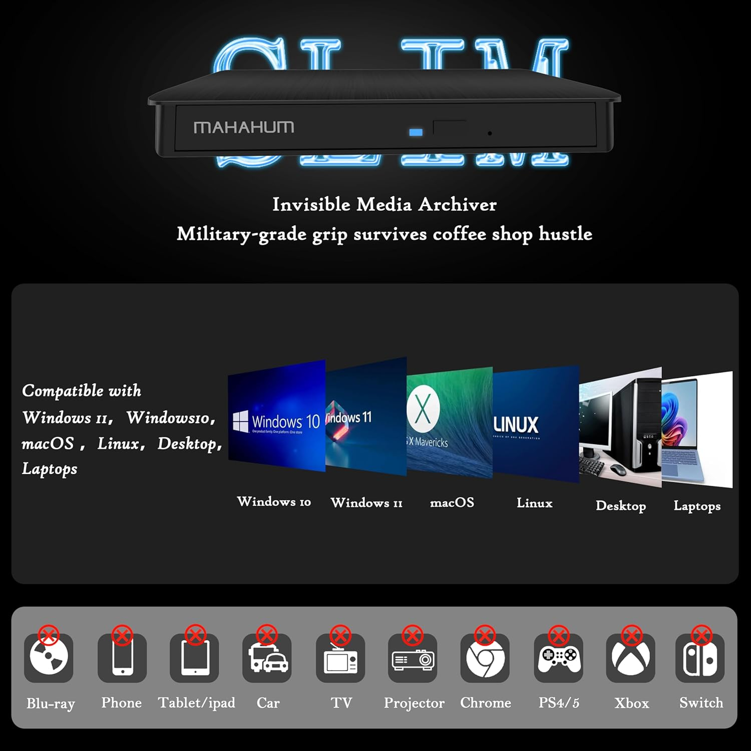 MAHAHUM External CD/DVD Drive for Laptop USB 3.0 & USB C CD Player Portable Ultra-Slim External DVD Drive Compatible with Laptop Desktop PC Mac OS Mac Macbook Pro/Air Windows 11/10/8/7 Linux（Black） image number 4
