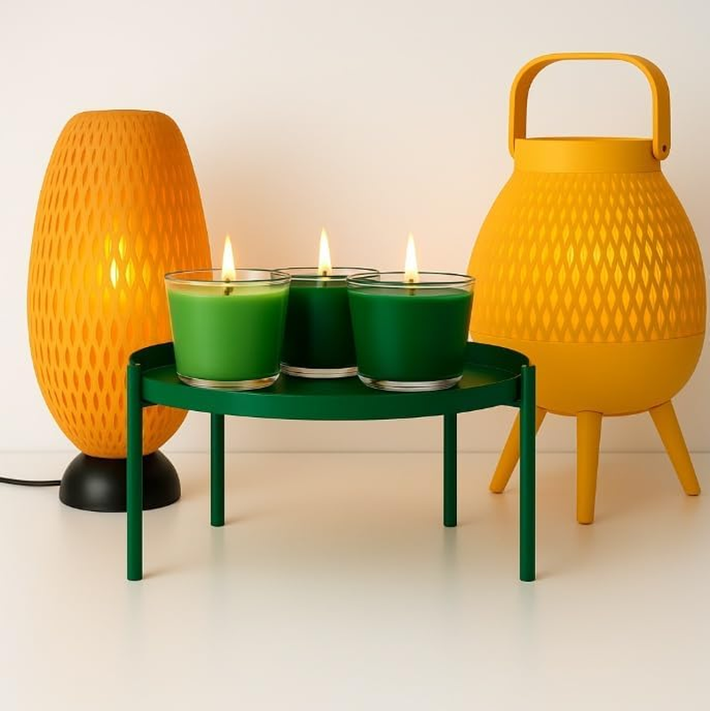 Bamboo Table Lamp Duo + 3 Scented Candles on White Tray Table &ndash; Japanese-Scandi Inspired Zen Decor Gift Set (Dark Gray-Green)