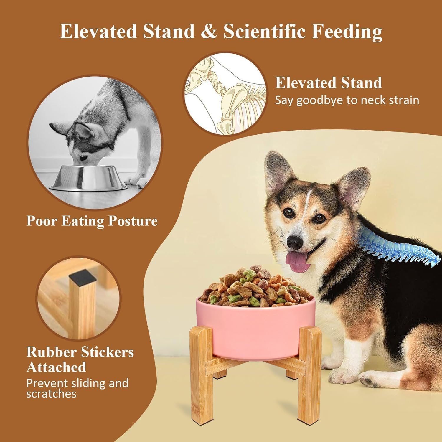 Elevated Ceramic Dog Bowl - PRENDIEEN Raised Dog Bowls with Non-Slip Bamboo Stand - Dog Food and Water Bowl - Dog Feeding Bowls - Suitable for Small and Medium Dogs - 28 OZ - 850 ML (Pink, Medium) image number 5