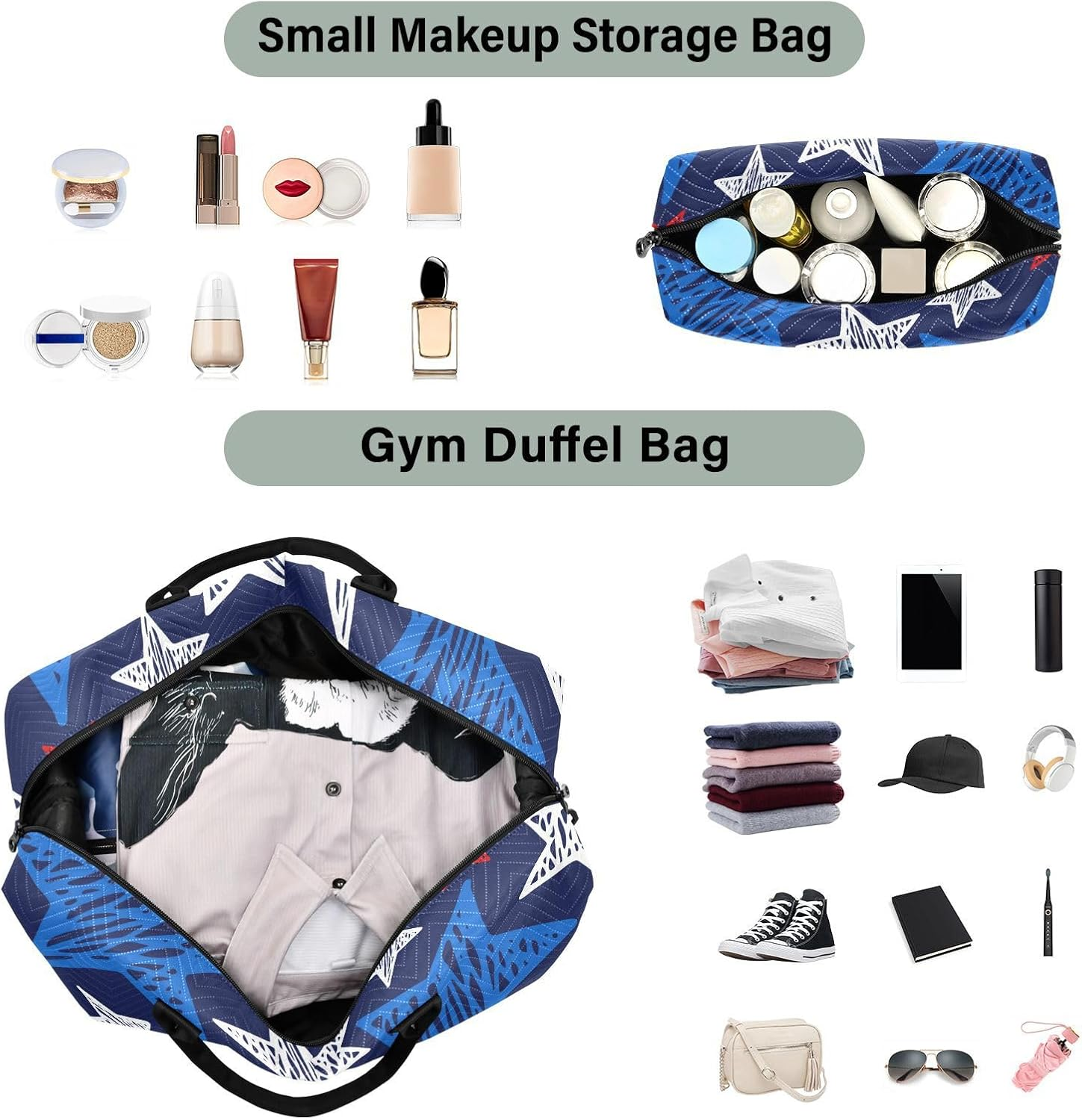 Large Travel Duffel Luggage Weekender/Overnight Duffel American Flag Star Scatter Pretty Blue Tote Bag with Adjustable, Star, Set of 2, Art Deco image number 4