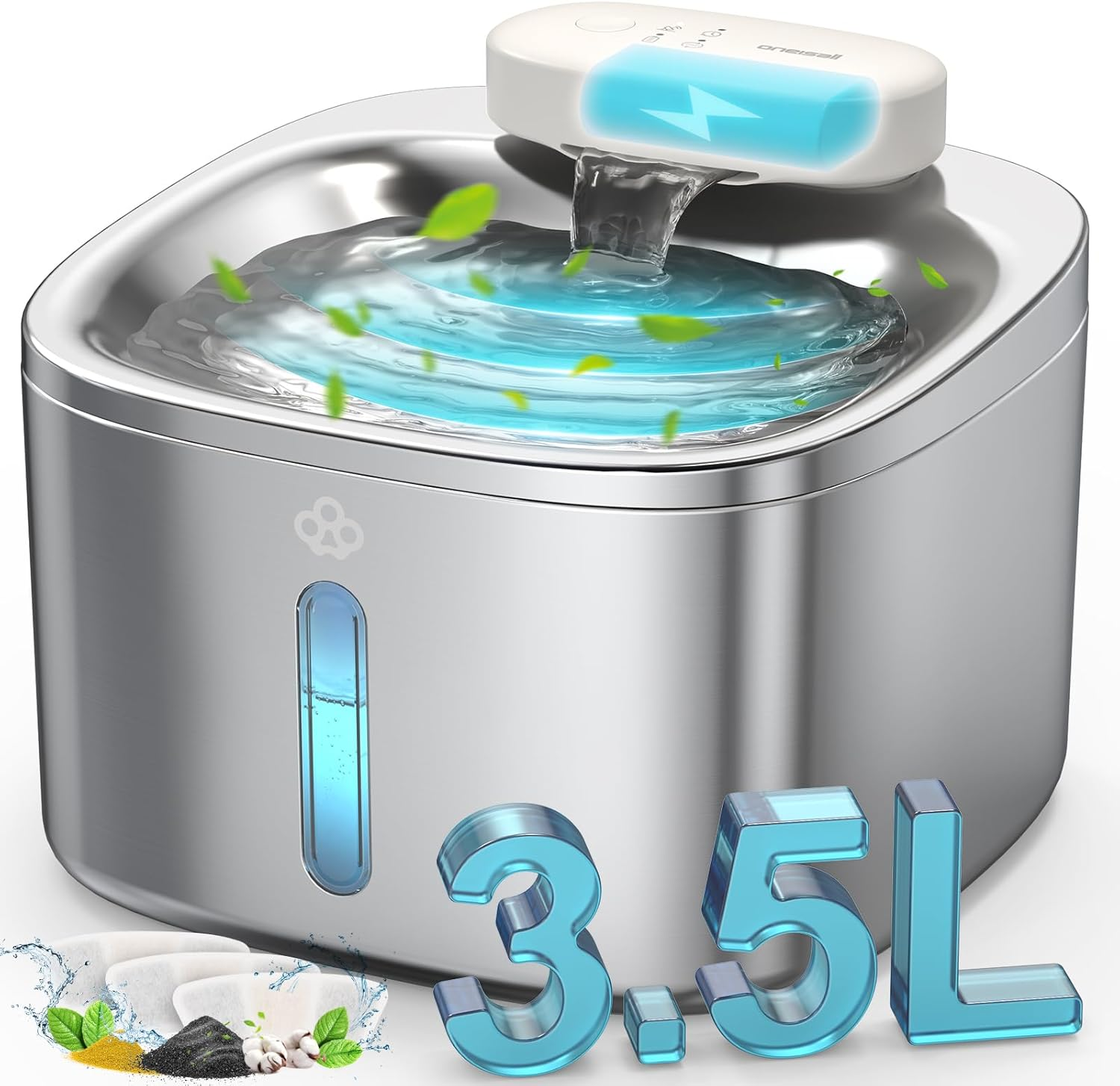 Oneisall Cordless Cat Water Fountain Battery Operated Stainless Steel, 3.5L Wireless Cat Water Fountain Rechargeable with Motion Sensor, Cat Fountain with Quiet Pump 3 Replacement Filters image number 1