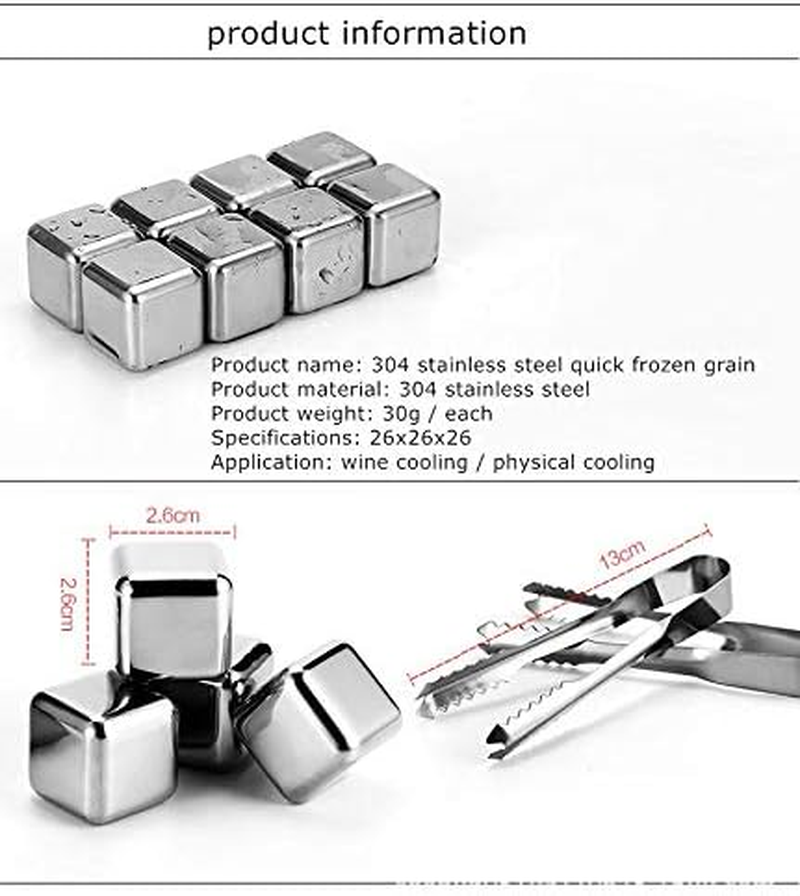 Whiskey Stones - 8 Pcs Stainless Steel Ice Cubes - Reusable Whisky Chilling Rocks Metal Ice with Tongs and Freezer Storage Tray for Beer Wine Cooler image number 4