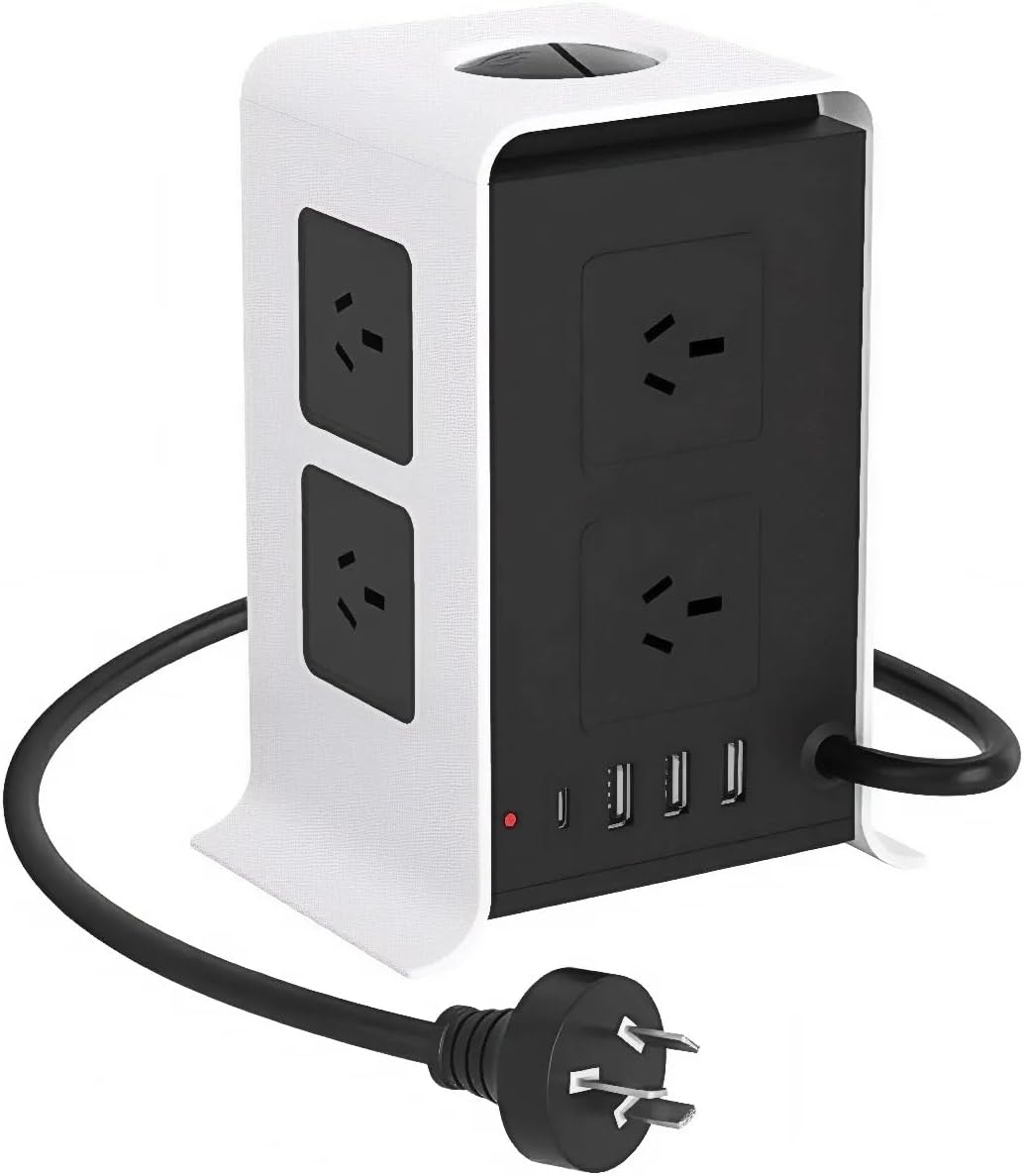 Tower Power Board, Power Strip with 8 AC Outlets and 4 USB Ports(1 USB C), 1050J Surge Protected, 2400W Multiplug Charging Station, 2 M Extension Cord for Home, Office, School image number 1