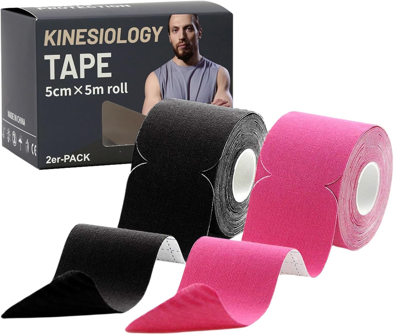 Kinesiology Tape Precut (2Pack), Elastic Therapeutic Sports Tape for Knee Shoulder and Elbow, Muscles, Ankle, Pain Relief, Water Resistant Tape, 20 Precut 10 Inch Strips (Black+Pink) image number 5